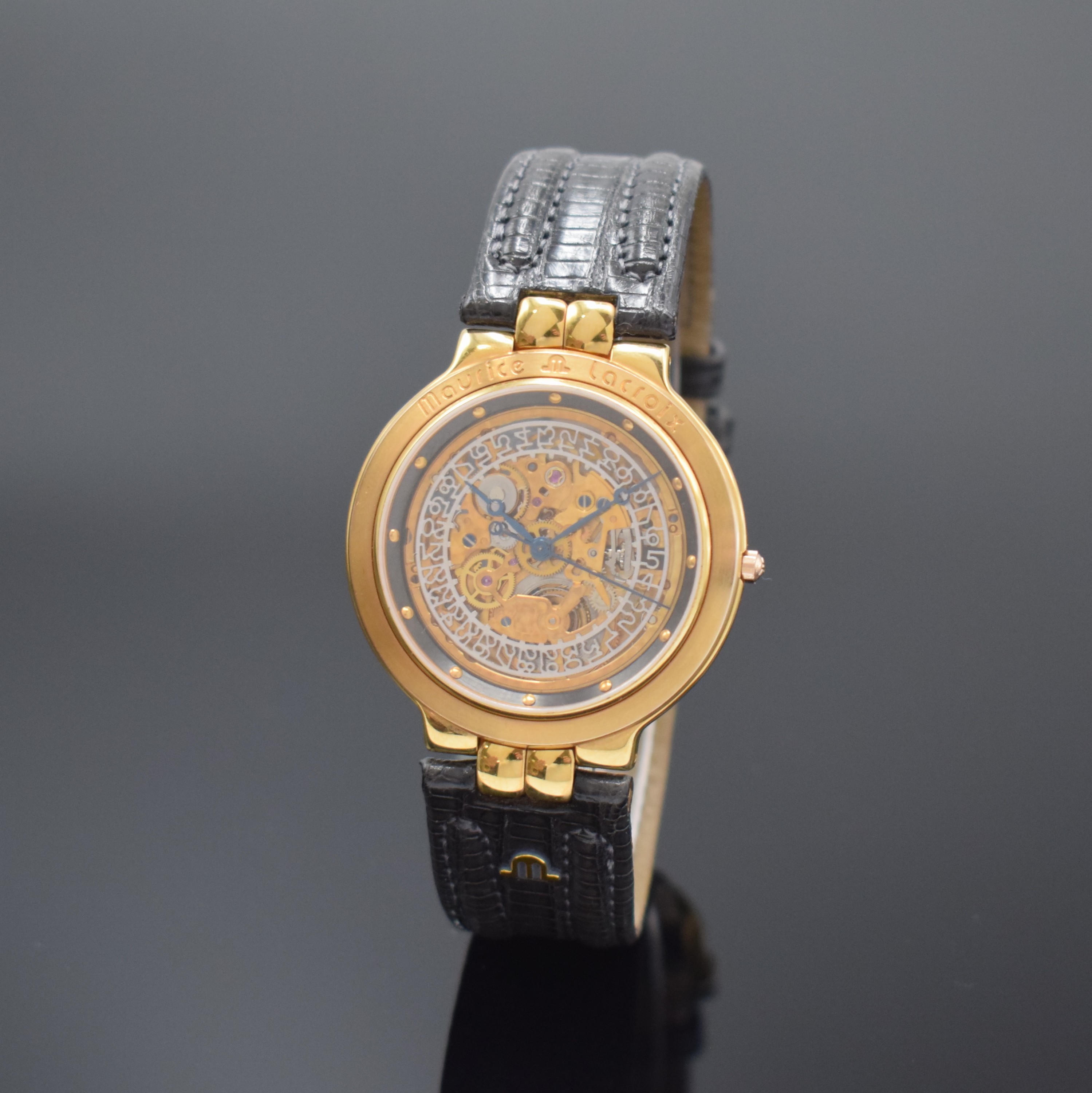 MAURICE LACROIX skelettierte Herrenarmbanduhr, Schweiz um 1995, Automatik, verg. Geh. beids. vergl., Boden aufgedr., orig. Lederband m. verg. ...
