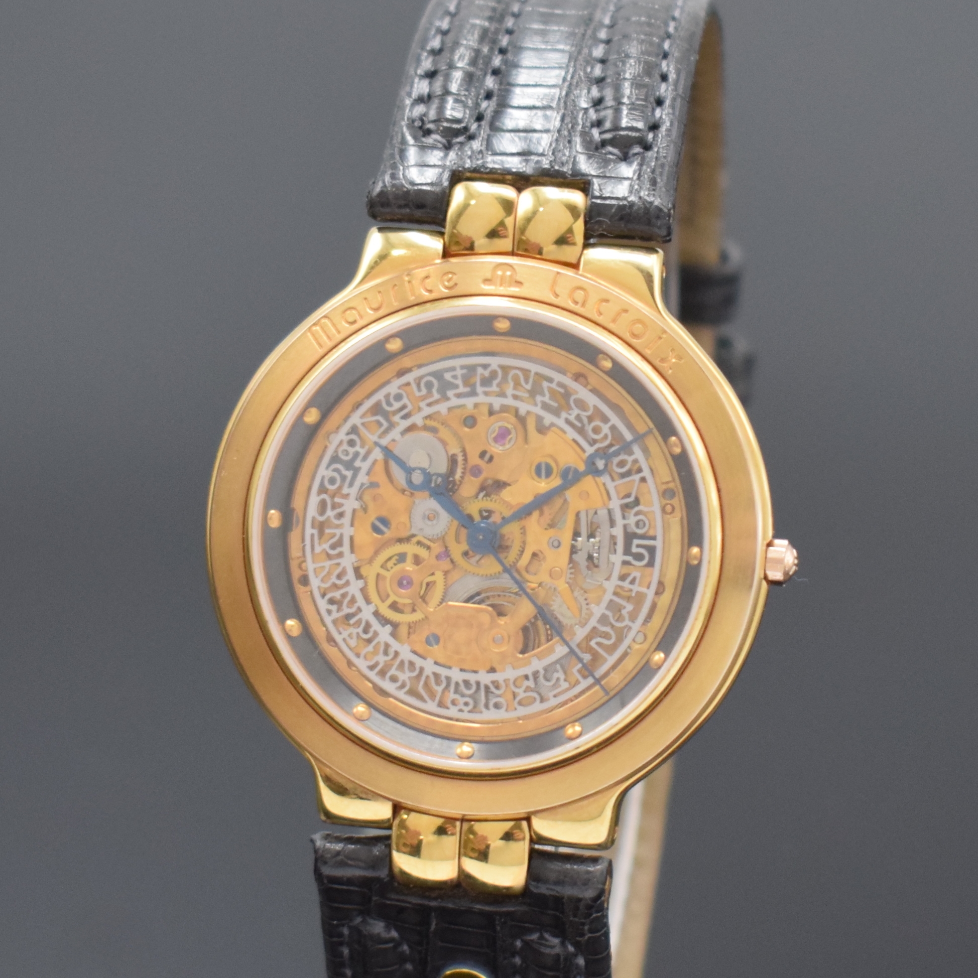 Detail a: MAURICE LACROIX skelettierte Herrenarmbanduhr, Schweiz um 1995, Automatik, verg. Geh. beids. vergl., Boden aufgedr., orig. Lederband m. verg. ...