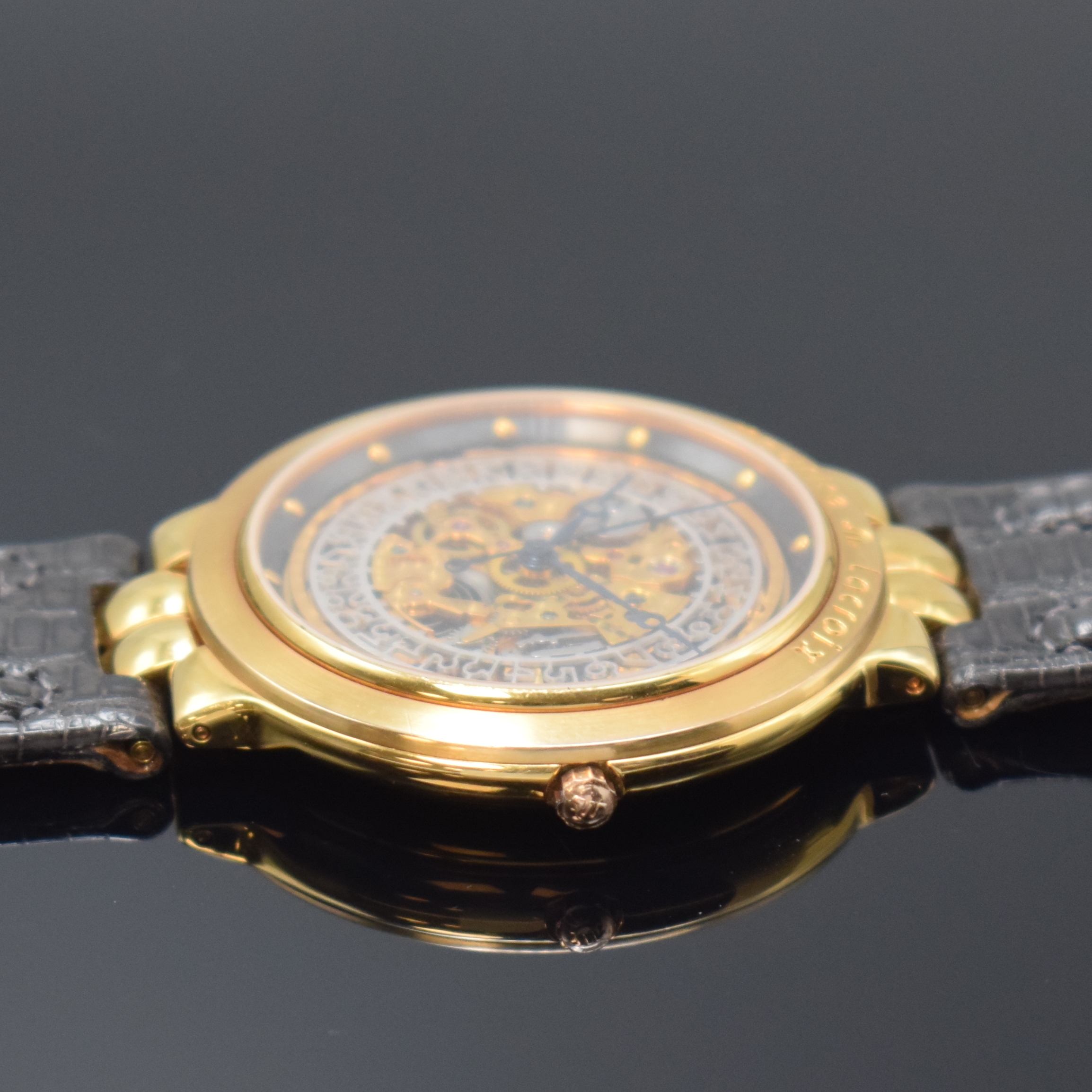 Detail b: MAURICE LACROIX skelettierte Herrenarmbanduhr, Schweiz um 1995, Automatik, verg. Geh. beids. vergl., Boden aufgedr., orig. Lederband m. verg. ...
