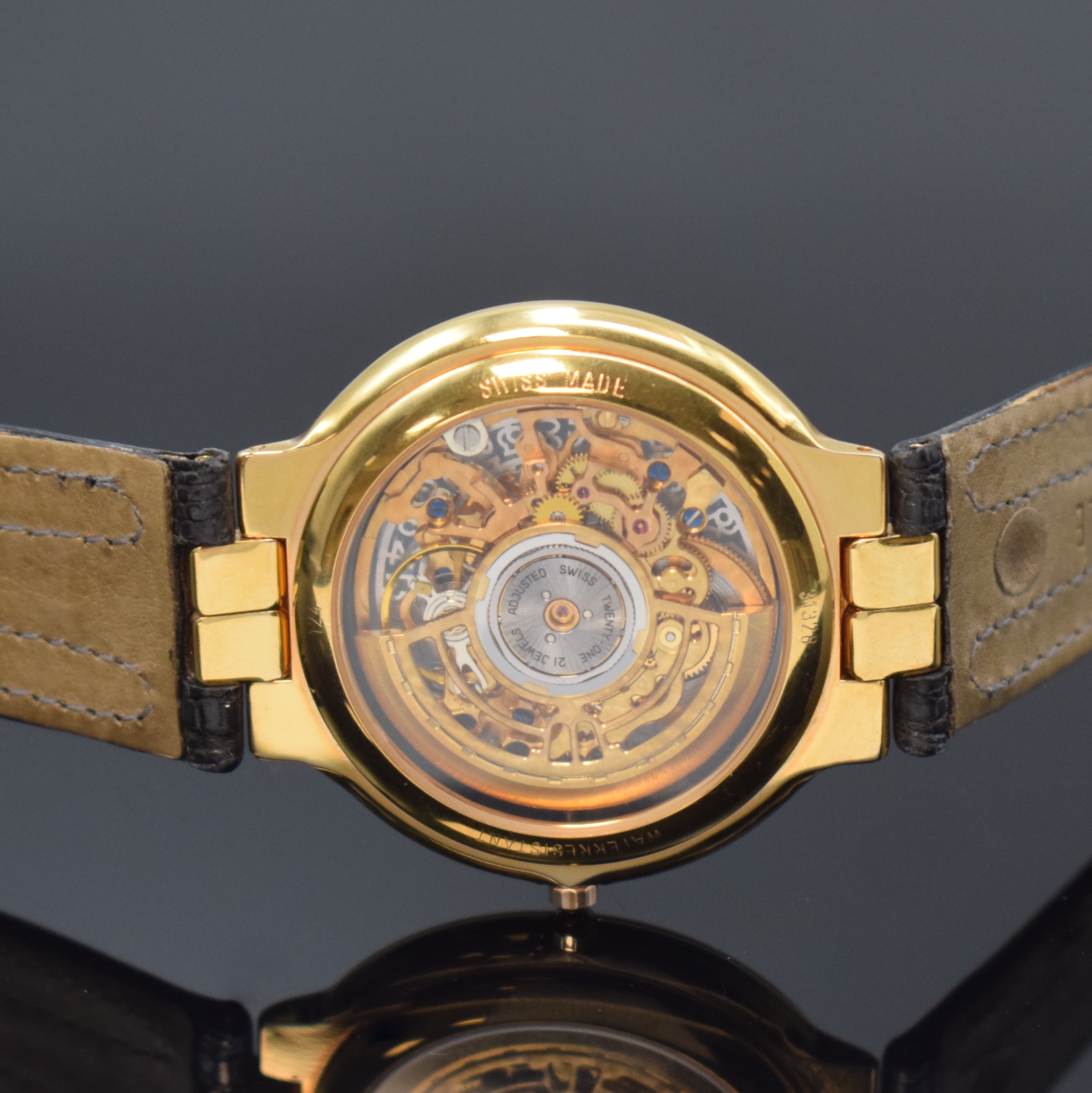 Detail d: MAURICE LACROIX skelettierte Herrenarmbanduhr, Schweiz um 1995, Automatik, verg. Geh. beids. vergl., Boden aufgedr., orig. Lederband m. verg. ...