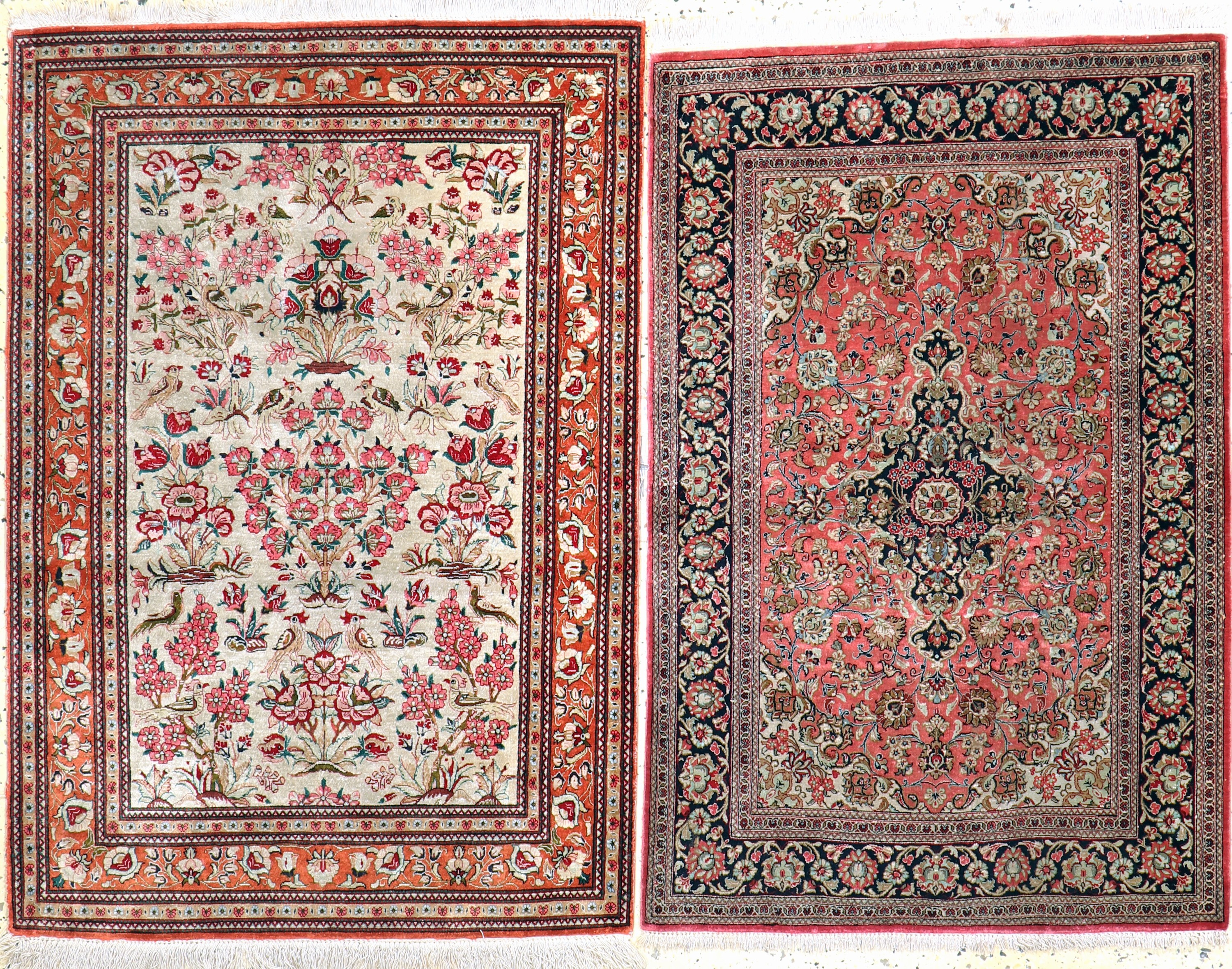 2 Lots Ghom Seide, Persien, Mitte 20.Jhd, reine Naturseide, ca. 118 x 82 cm & 114 x 75 cm, EHZ: 2-3(verschmutzt).