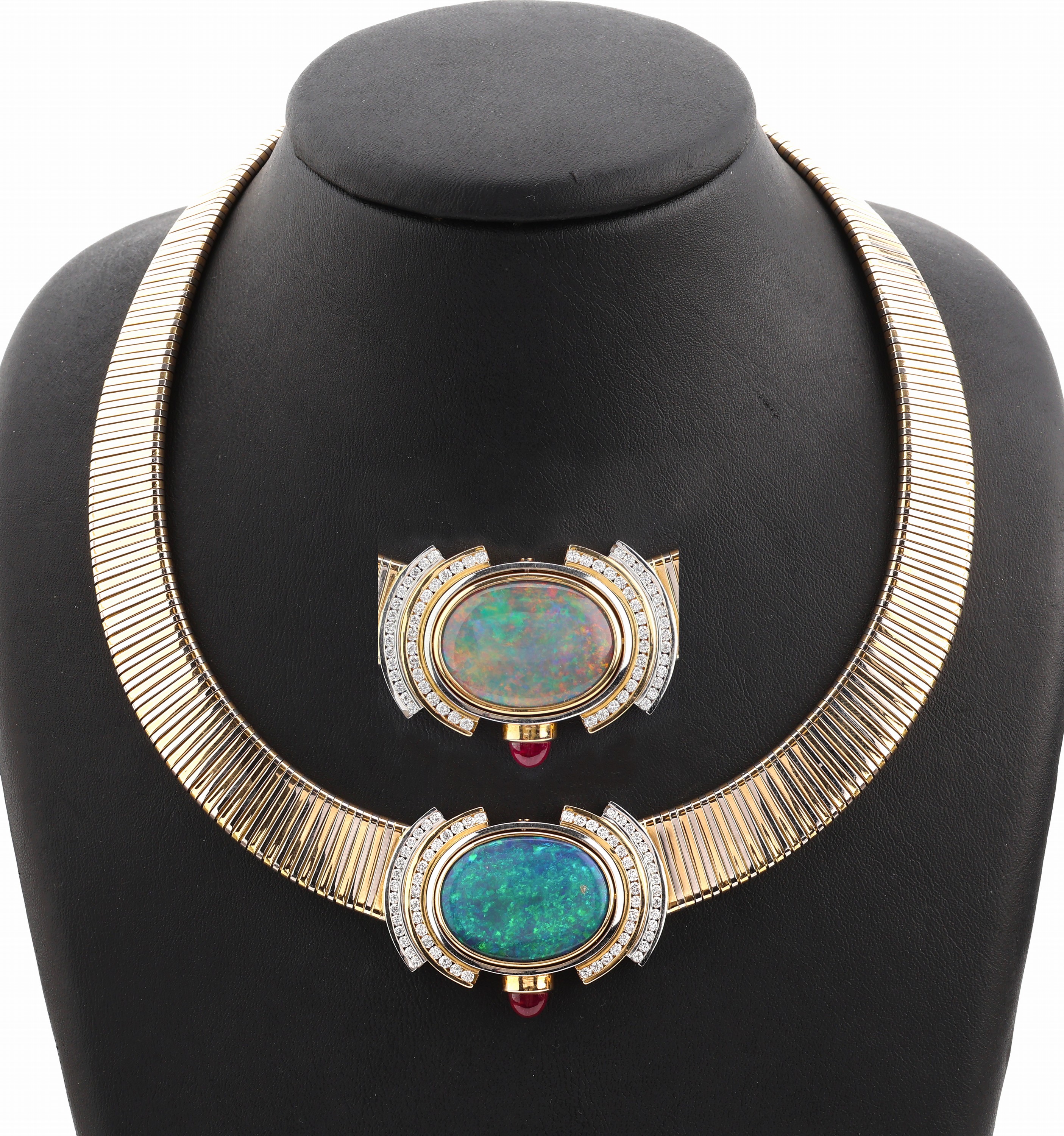 18 kt Gold und Platin Opal-Brillant-Rubin -Collier, GG 750/000, Pt, qualitätvolle Einzelanfertigung eines Idar-Obersteiner Goldschmieds, Mittelteil ...