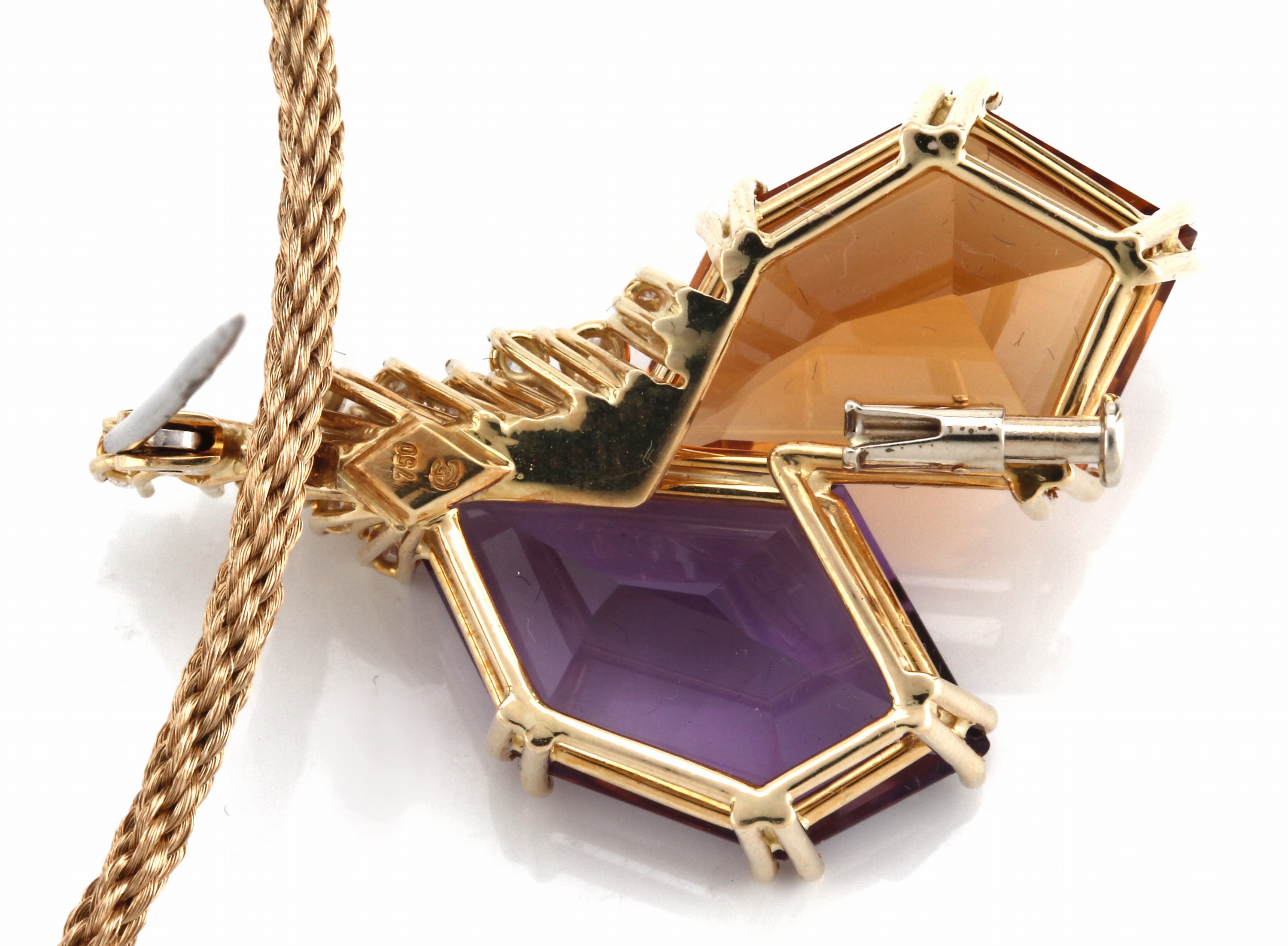Detail c: 18 kt Gold Citrin-Amethyst-Brillant-Anhänger, GG 750/000, qualitätvolle Einzelanfertigungeines renommierten Idar-Obersteiner Goldschmieds, 1 ...