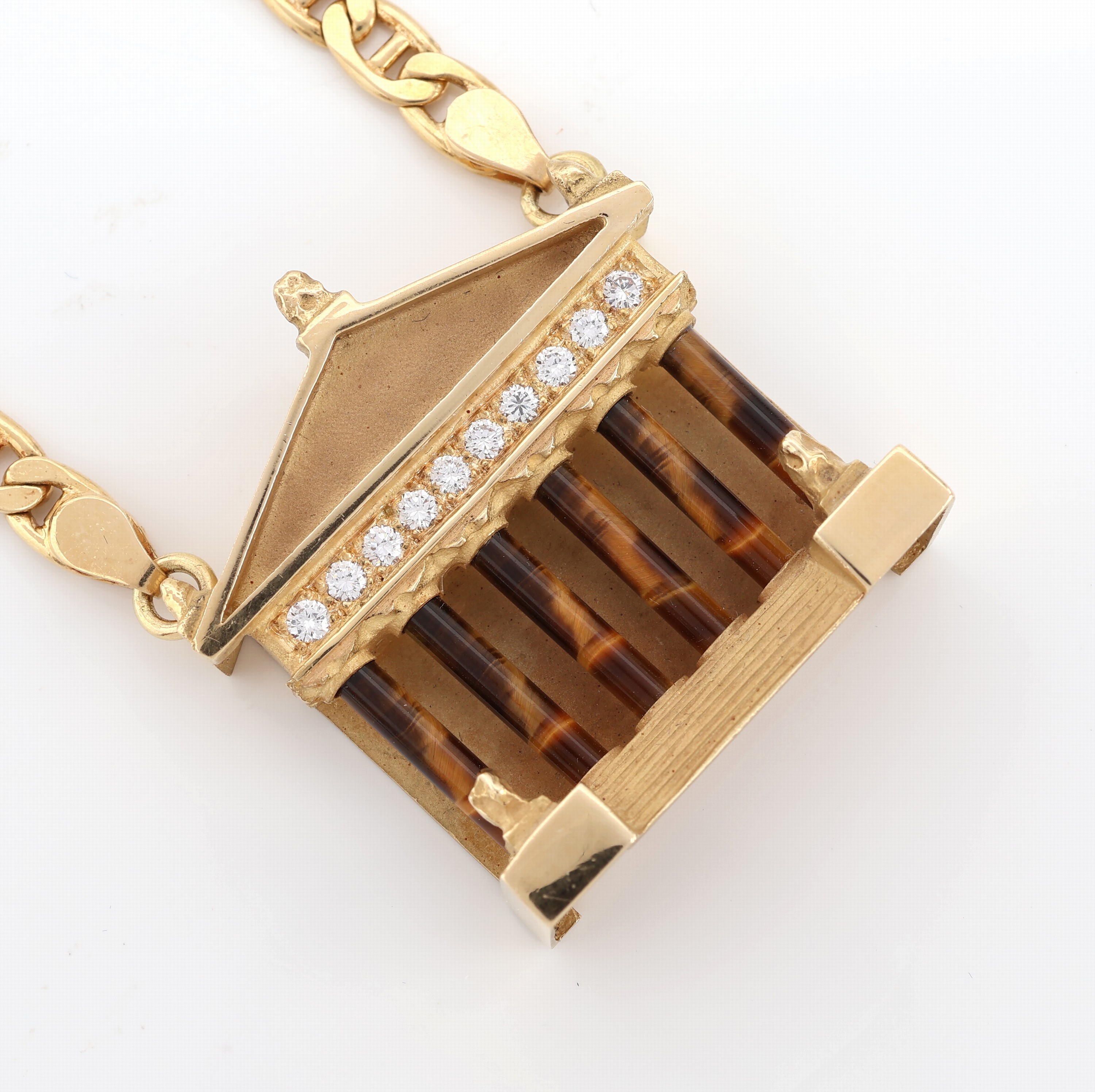 Detail a: 18 kt Gold Tigerauge-Brillant-Collier, GG 750/000, qualitätvolle Einzelanfertigung einesrenommierten Idar-Obersteiner Goldschmieds, Mittelteil in ...