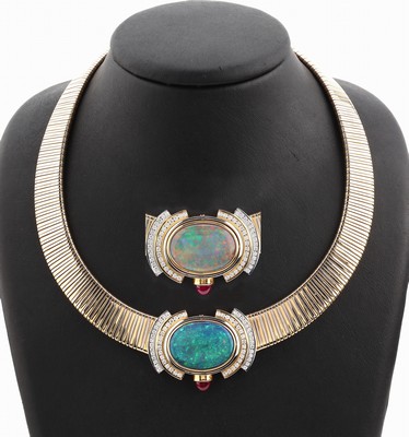 Image 18 kt Gold und Platin Opal-Brillant-Rubin -Collier, GG 750/000, Pt, qualitätvolle ...