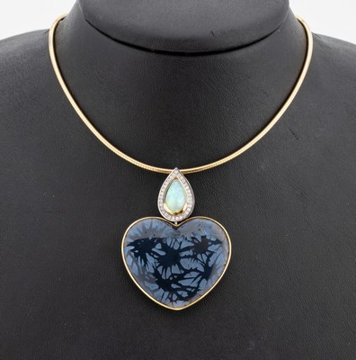 Image 18 kt Gold und Platin Onyx-Opal-Brillant -Anhänger, GG 750/000, Pt., herzf. gr. ...