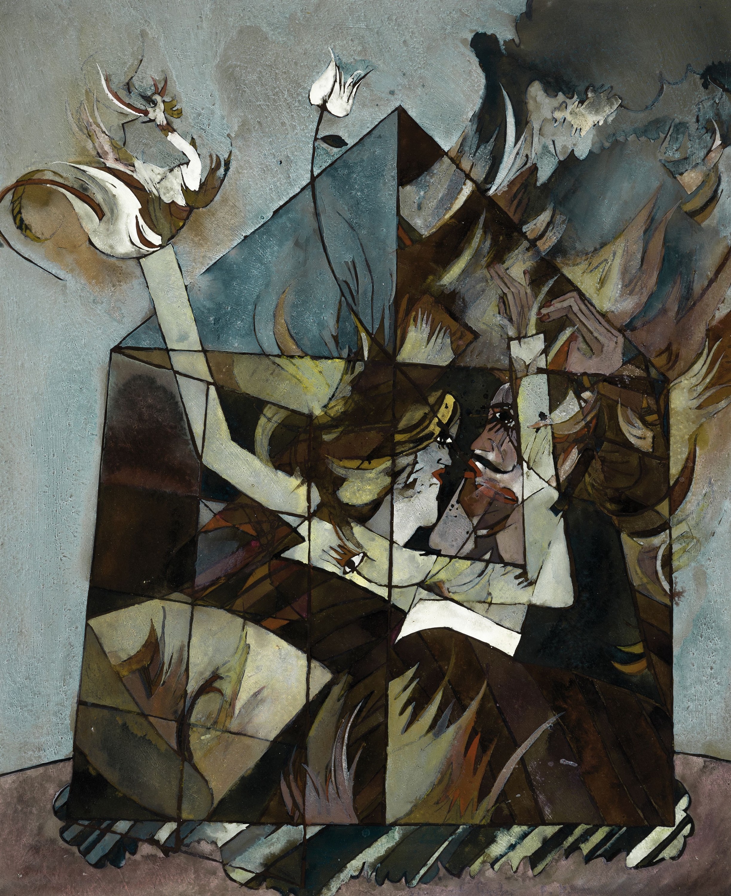 Bernd Kastenholz, geb. 1949 Speyer, Feuer am Fenster, Gouache und Mischtechnik auf Platte, mittig bezeichnet und signiert, ca. 115x92cm, u.Gl., R. ...