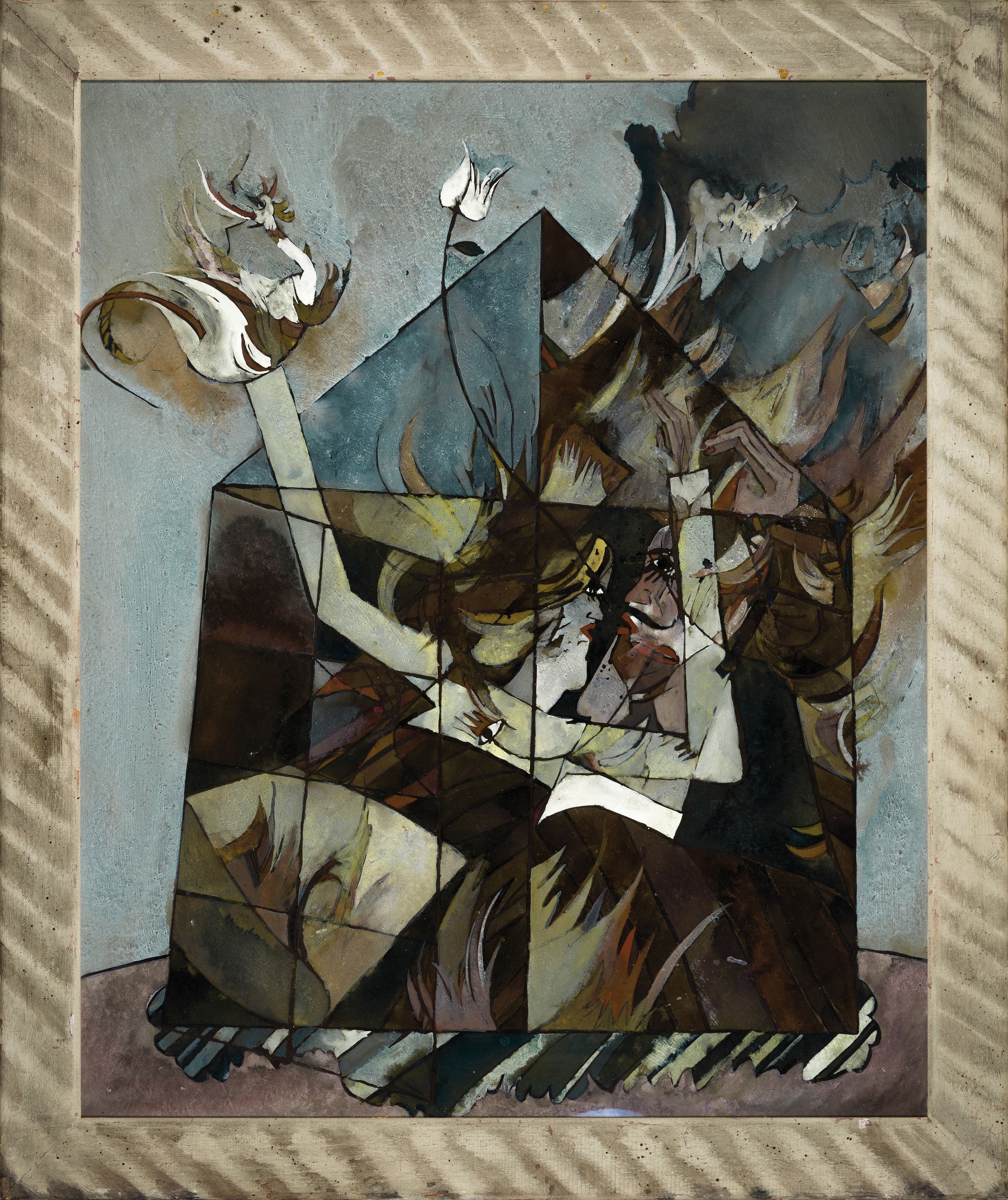 Detail k: Bernd Kastenholz, geb. 1949 Speyer, Feuer am Fenster, Gouache und Mischtechnik auf Platte, mittig bezeichnet und signiert, ca. 115x92cm, u.Gl., R. ...