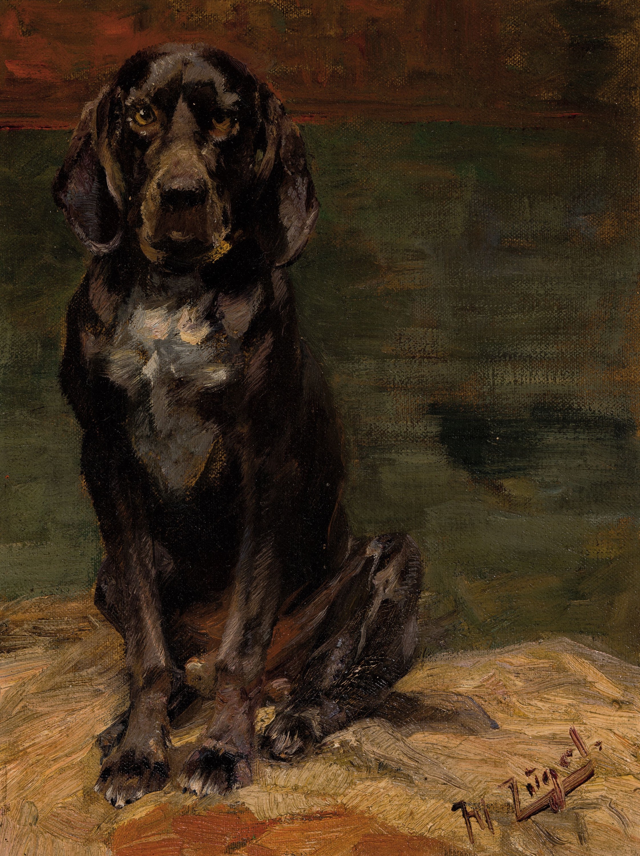 Heinrich von Zügel, 1850 Murrhardt-1941 München, Der Hund des Künstlers, einer seiner vier Bekass-Hunde, 1890er-Jahre, Öl/Lwd, porträthafte ...