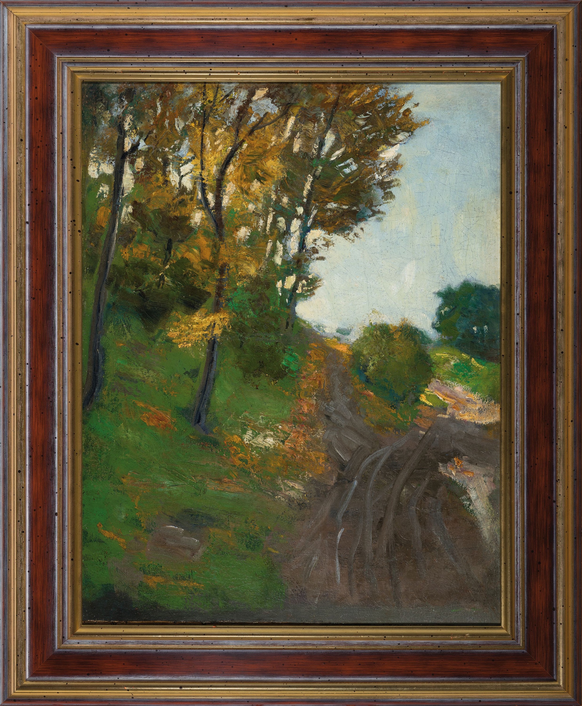 Detail k: Wohl Fritz Overbeck, 1869 Bremen-1909 Bröcken, Sonniger Tag bei Worpswede, Öl/Lwd,doubl.,rechts unten kaum lesbar in rot signiert, altersbedingt ...