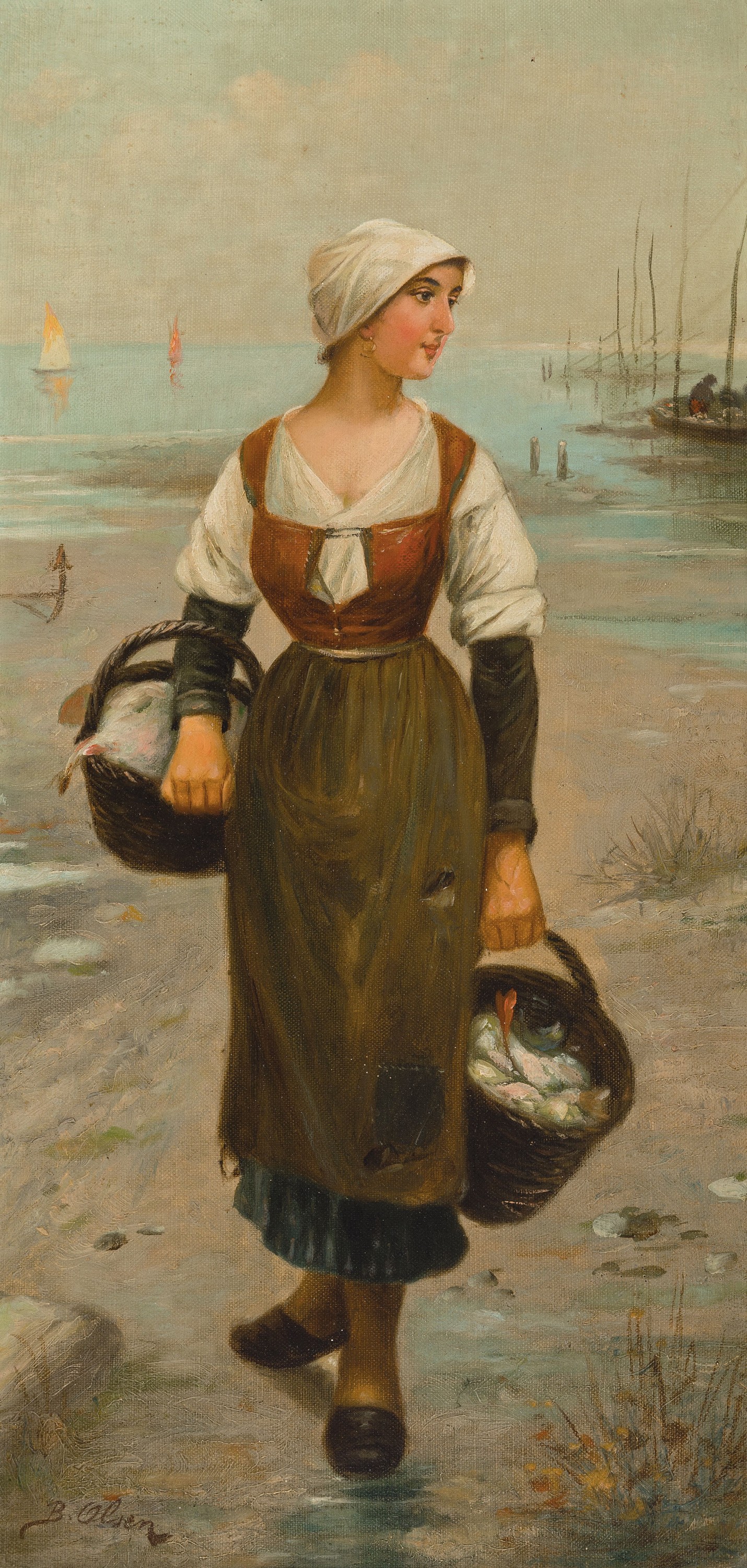 B. Olsen, Maler der Düsseldorfer Schule, um 1880-90, 2 Pendants: Fischer und Fischersfrau, Öl/Lwd, beide signiert, je ca. 53x27cm, Prunkrahmen ...