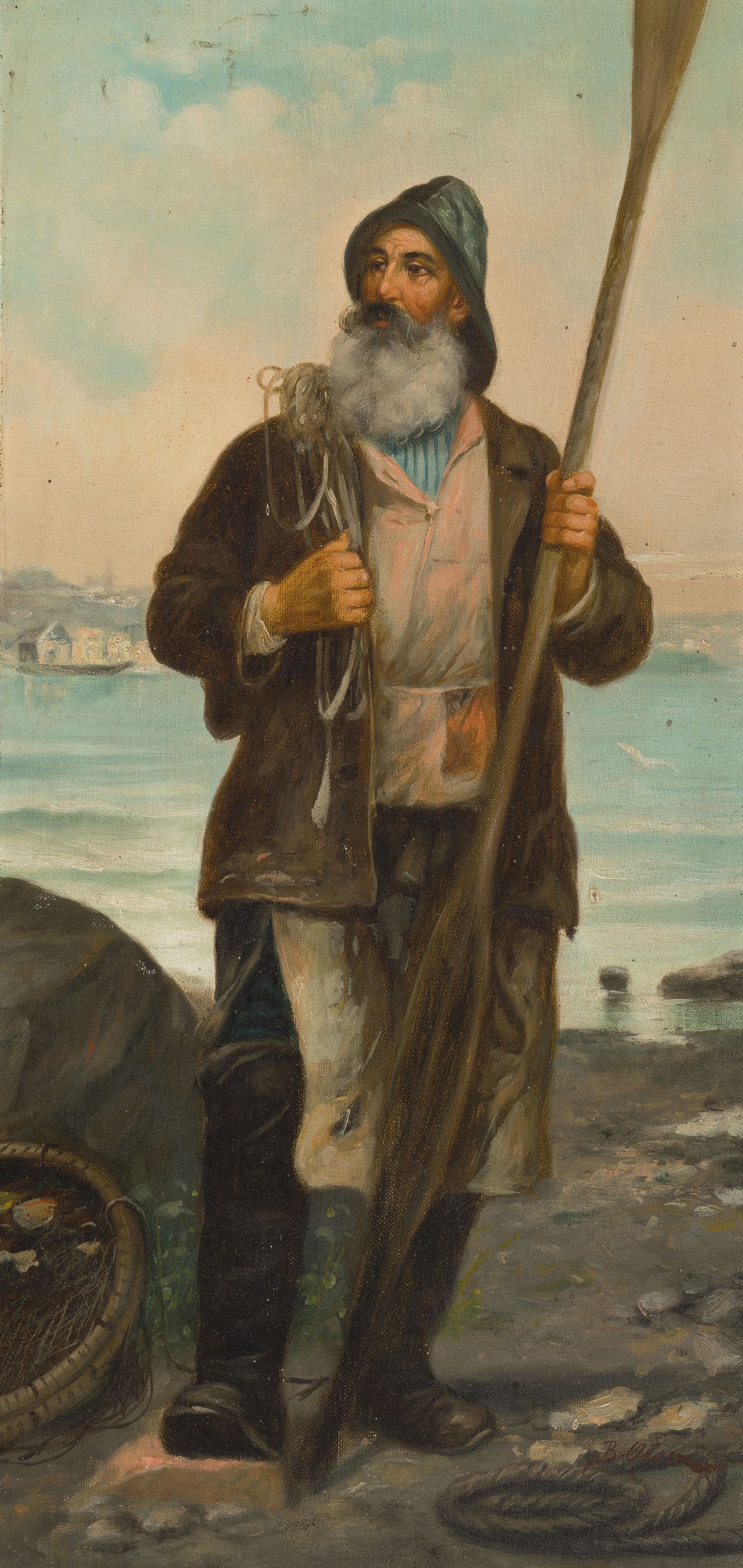 Detail c: B. Olsen, Maler der Düsseldorfer Schule, um 1880-90, 2 Pendants: Fischer und Fischersfrau, Öl/Lwd, beide signiert, je ca. 53x27cm, Prunkrahmen ...
