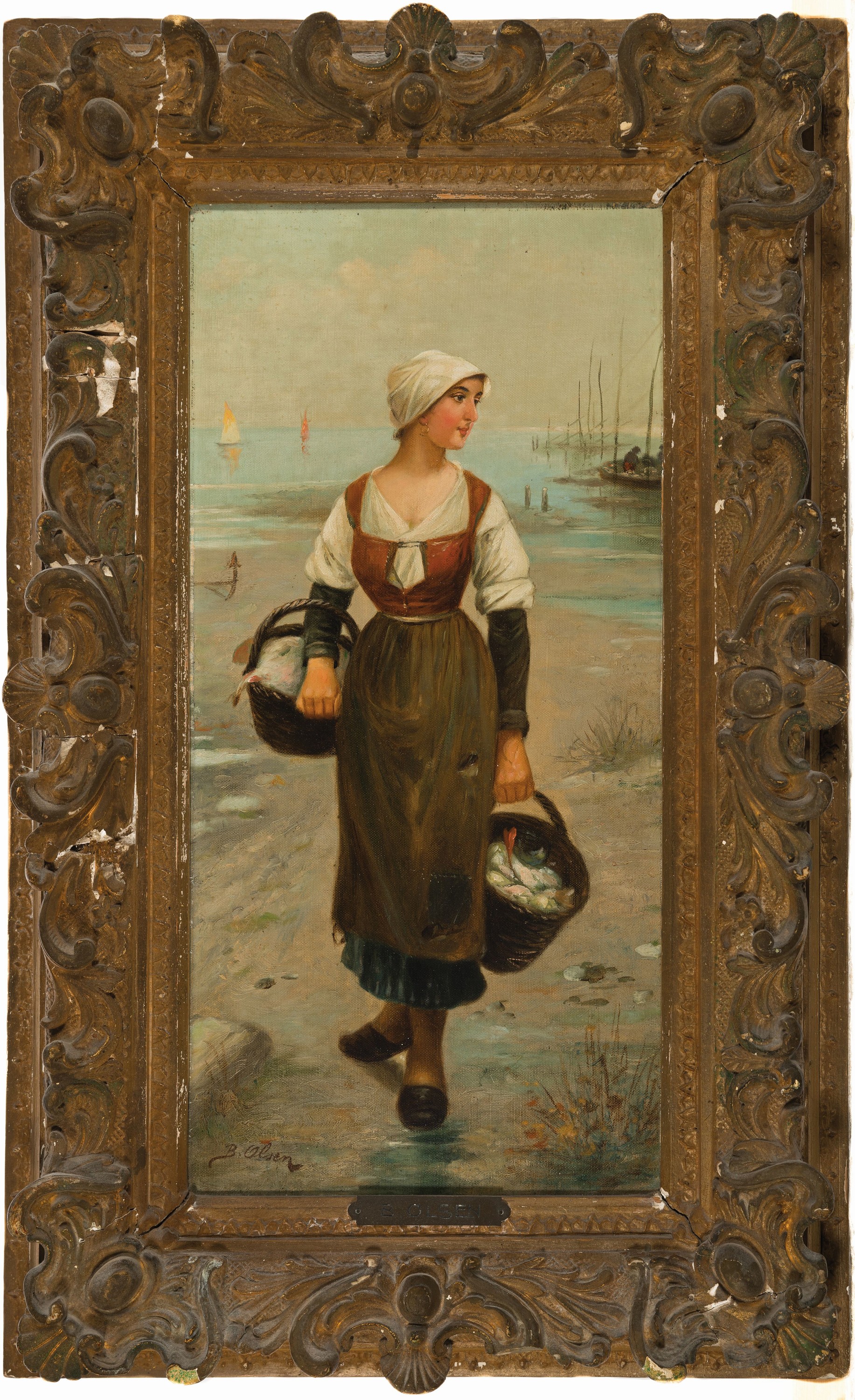 Detail k: B. Olsen, Maler der Düsseldorfer Schule, um 1880-90, 2 Pendants: Fischer und Fischersfrau, Öl/Lwd, beide signiert, je ca. 53x27cm, Prunkrahmen ...