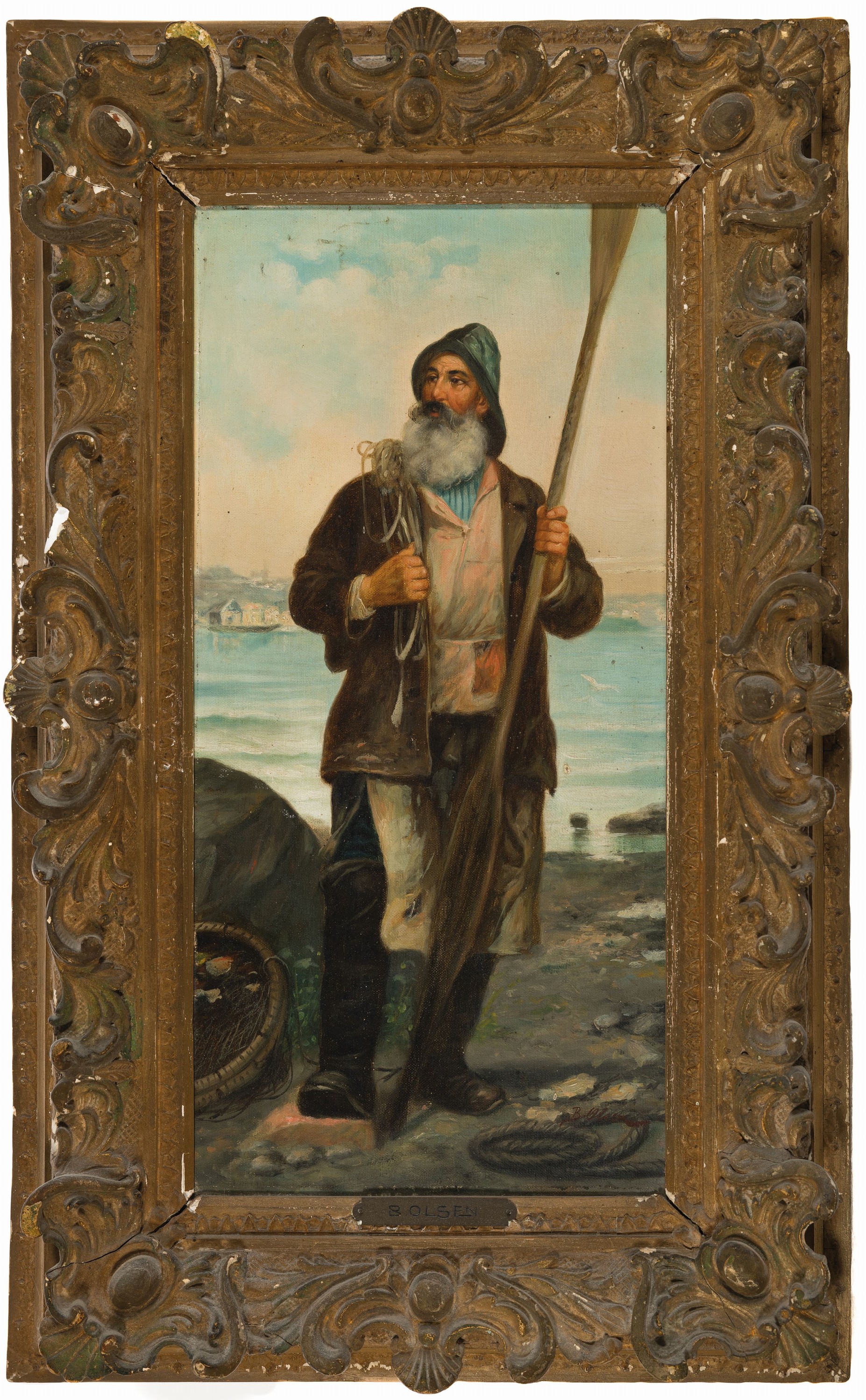 Detail n: B. Olsen, Maler der Düsseldorfer Schule, um 1880-90, 2 Pendants: Fischer und Fischersfrau, Öl/Lwd, beide signiert, je ca. 53x27cm, Prunkrahmen ...