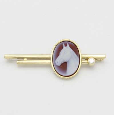 Image 26875570 - Anstecknadel mit Muschelgemme und Brillant, GG 750/000, Darstellung eines Pferdekopfes, ...
