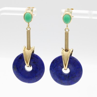 Image 26875578 - Paar Ohrgehänge mit Lapislazuli und Smaragdcabochons, GG 750/000, 2 ovale ...