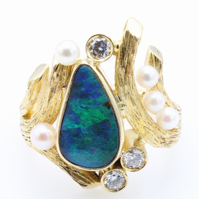 26875811a - Ring mit Boulderopal, Brillanten und Perlchen, GG 750/000, Brill. zus. ca. 0.30 ct ...