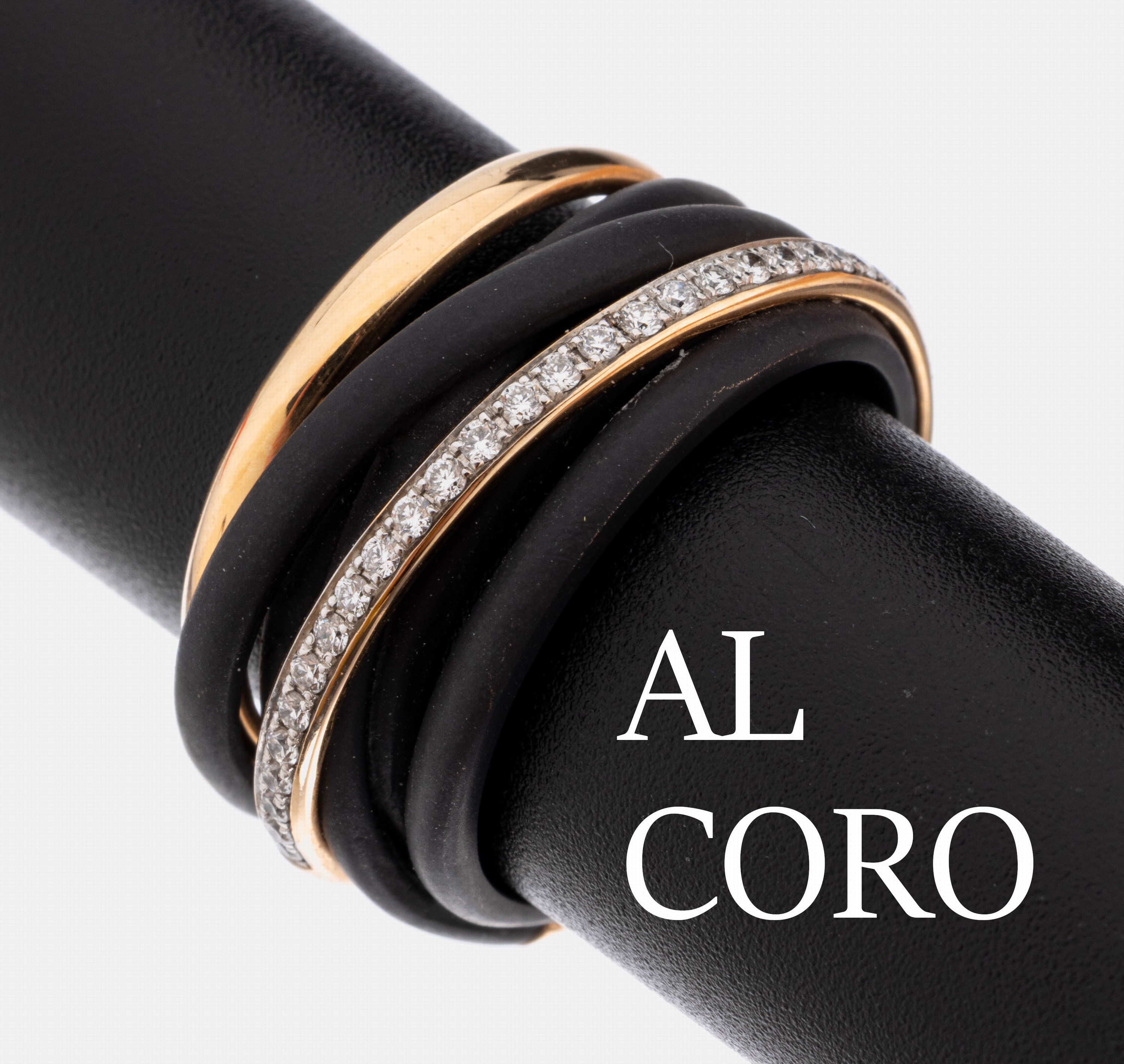 18 kt Gold AL CORO Brillant Ring, "Neraviglia", RG 750/000 und Eisen geschwärzt, in sich verschlungene Ringe, 1 x bes. mit 27 Brillanten ...