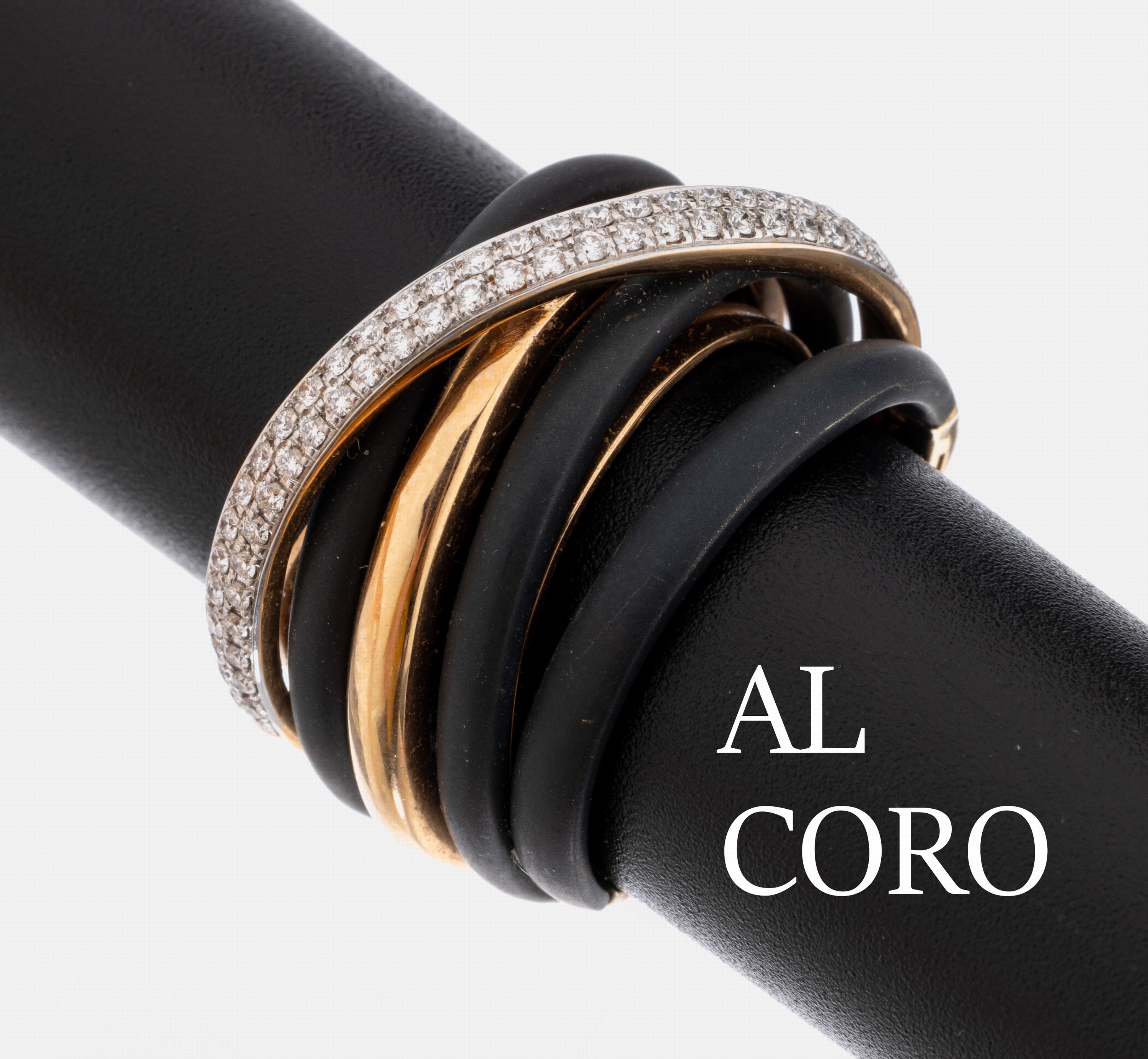 18 kt Gold AL CORO Brillant-Ring, "Neraviglia", RG 750/000 und Eisen geschwärzt, in sich verschlungene Ringe, 1 x bes. mit 57 Brillanten ...