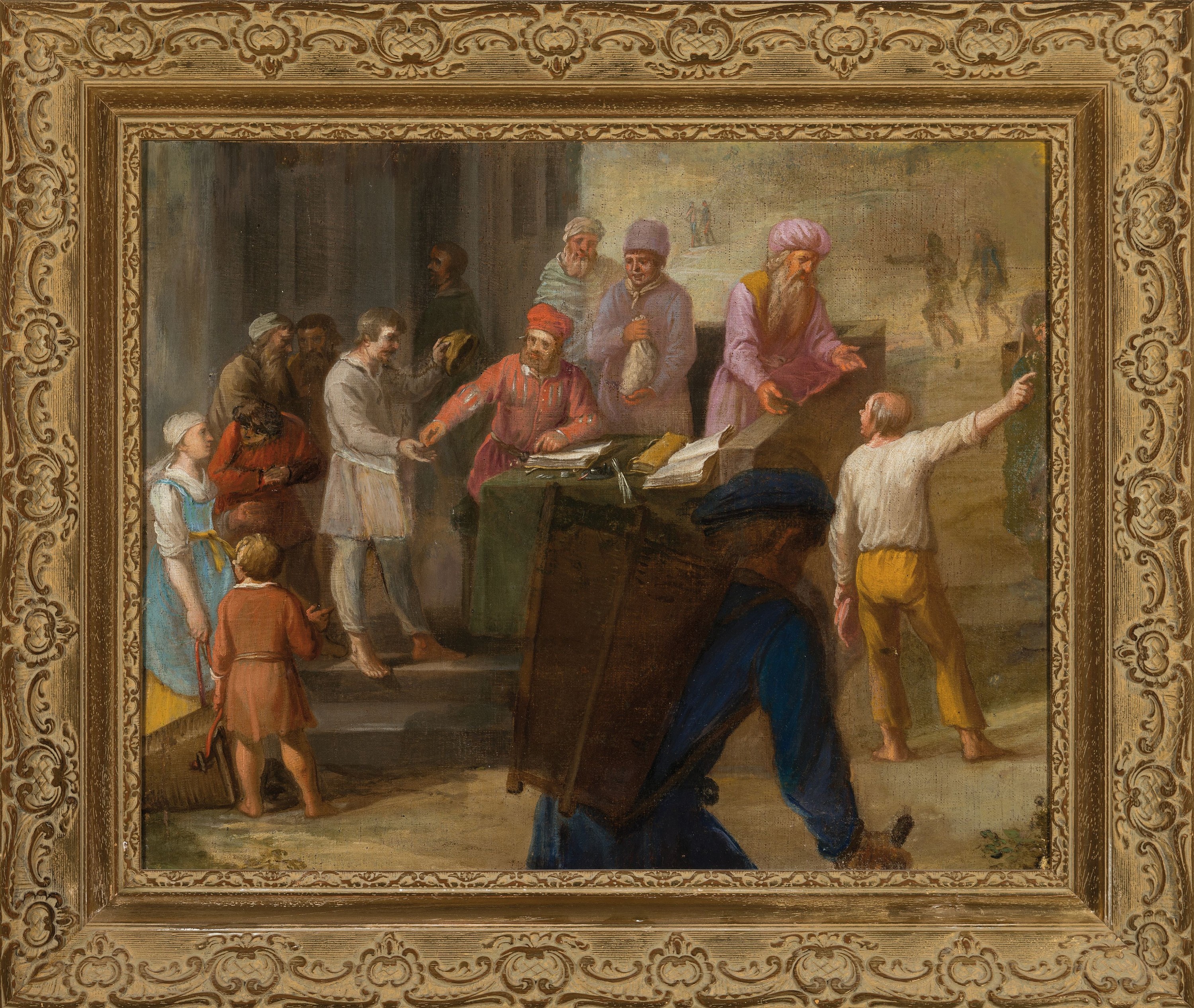 Detail k: Unbekannter Künstler des ausgehenden 18.Jh., Geldwechseler in Tempelinterieur, Öl/Lwd, restauriert und doubliert, 43x53 cm, Rahmen, 57x67 cm