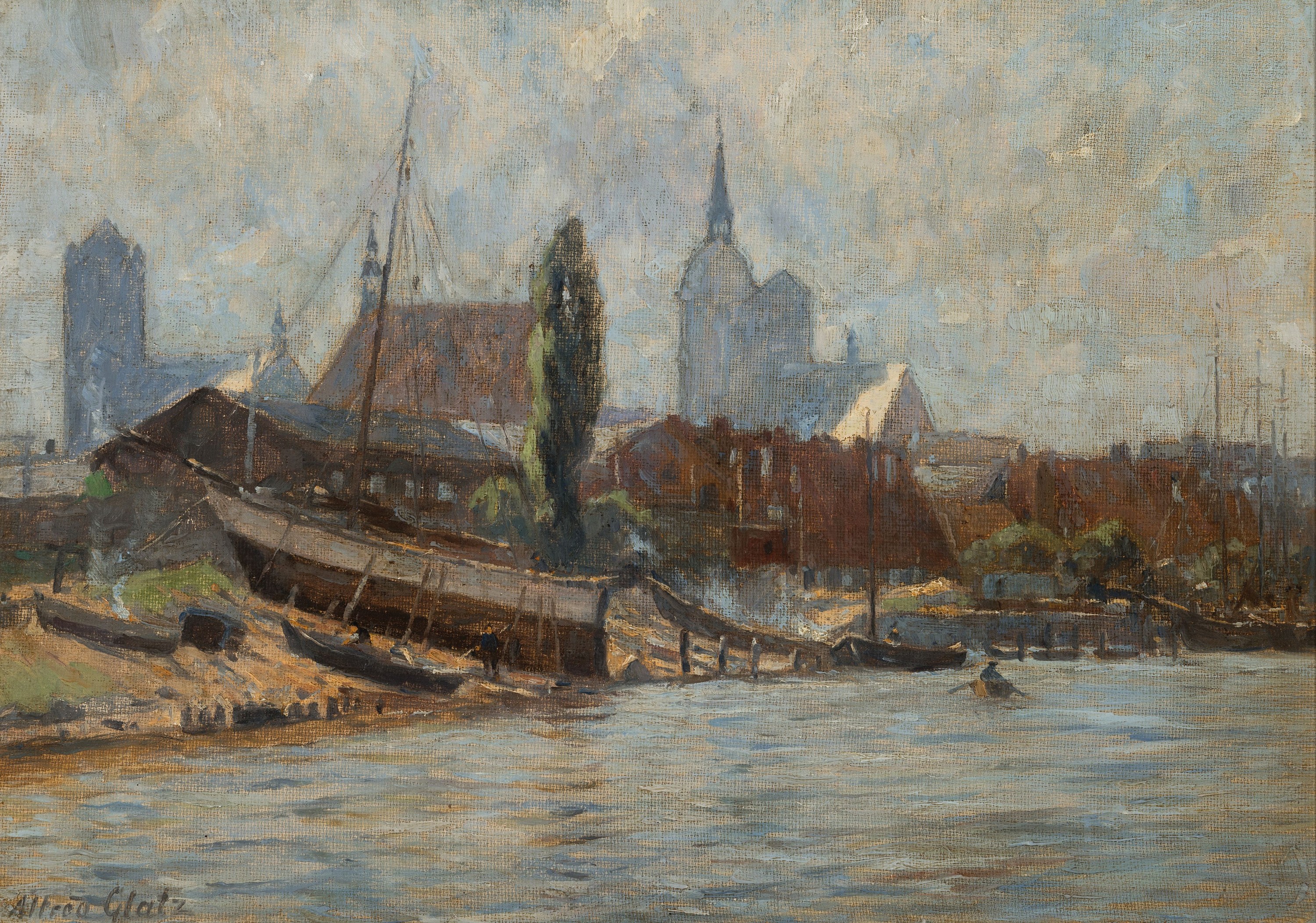 Alfred Glatz, 1870 Cottbus-1945 Berlin, "Schiffswerft in Stralsund" mit Kulisse der Stadt, auf altem Etikett bezeichnet, links unten ...