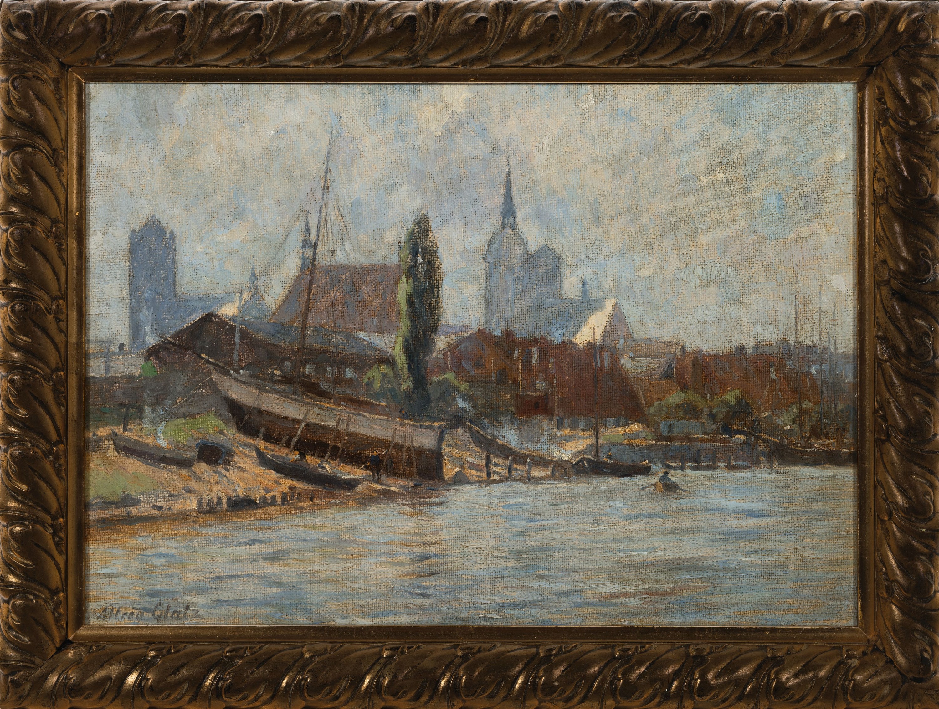 Detail k: Alfred Glatz, 1870 Cottbus-1945 Berlin, "Schiffswerft in Stralsund" mit Kulisse der Stadt, auf altem Etikett bezeichnet, links unten ...