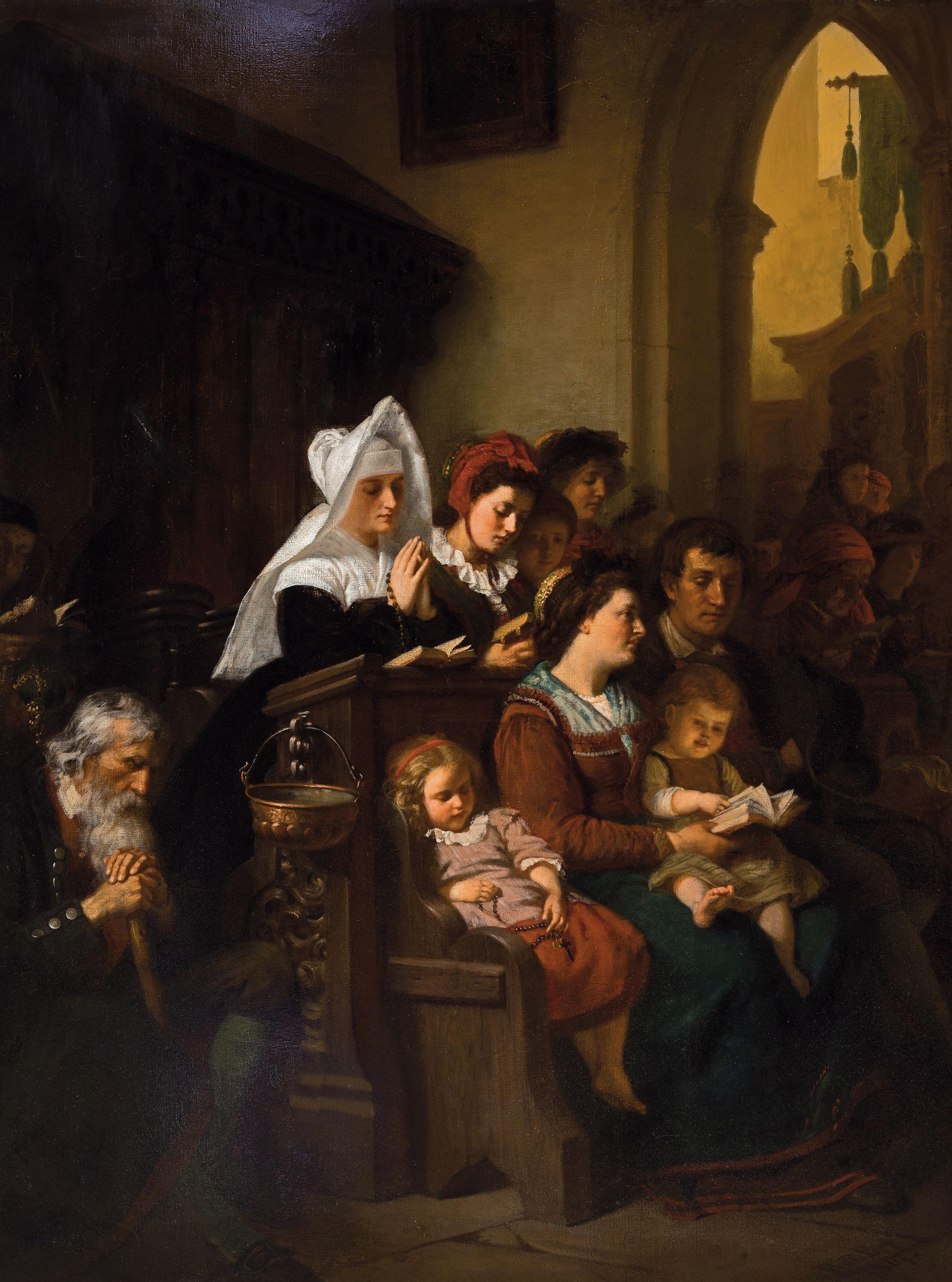 Rudolf Epp, 1834 Eberbach-1910 München, Landleute in der Kirche, Öl/Lwd, rest., doubl., rechts unten signiert und dat. 1867, ca. 148x113cm, R. ca. ...