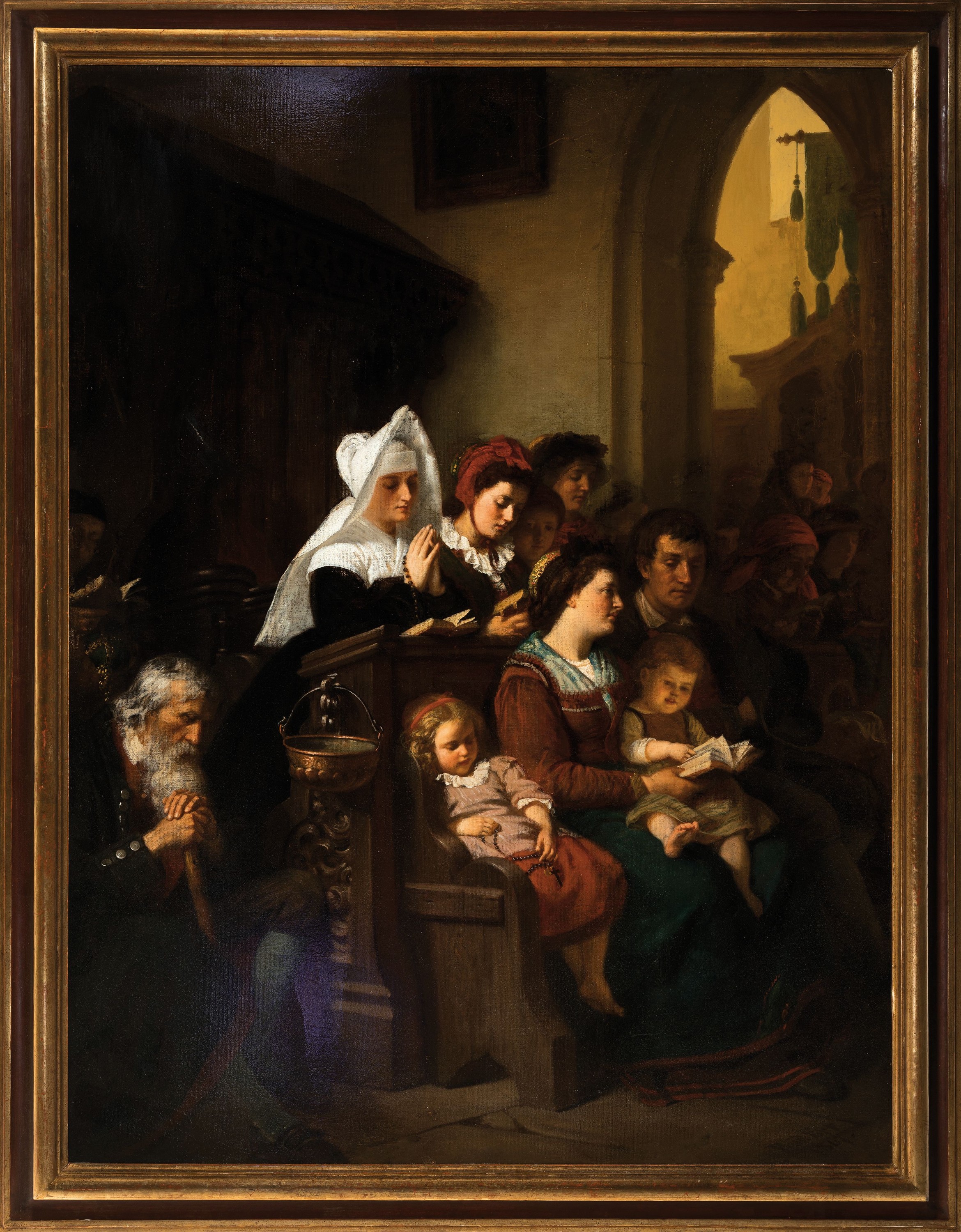 Detail k: Rudolf Epp, 1834 Eberbach-1910 München, Landleute in der Kirche, Öl/Lwd, rest., doubl., rechts unten signiert und dat. 1867, ca. 148x113cm, R. ca. ...