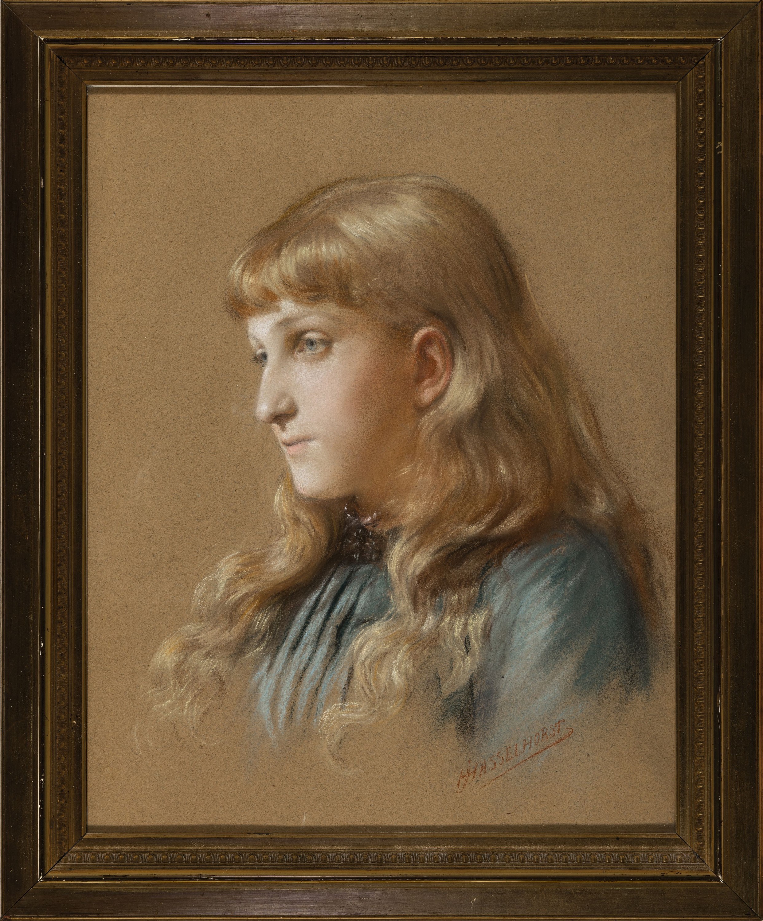 Detail k: Johann Heinrich Hasselhorst, 1825-1904 Frankfurt a.M., Pastellzeichnung auf braunem Karton, junges blondes Mädchen im Dreiviertelprofil, rechts ...