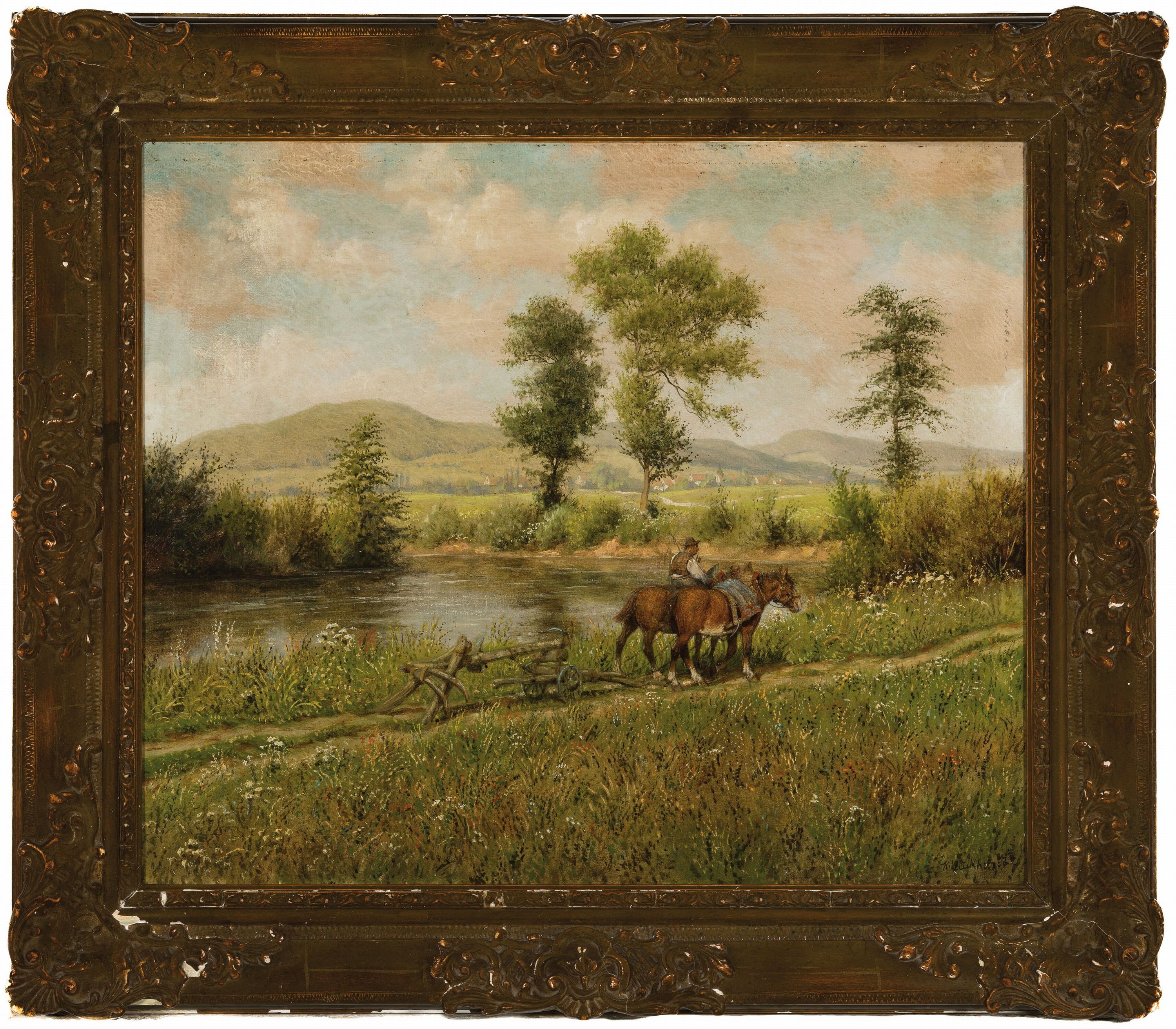 Detail k: Karl Luckhardt, 1886-1970 Frankfurt a.M., Taunuslandschaft mit Pferdefuhrwerk, Öl/Lwd, rechts unten signiert, 54x62 cm, Rahmen 62x70 cm