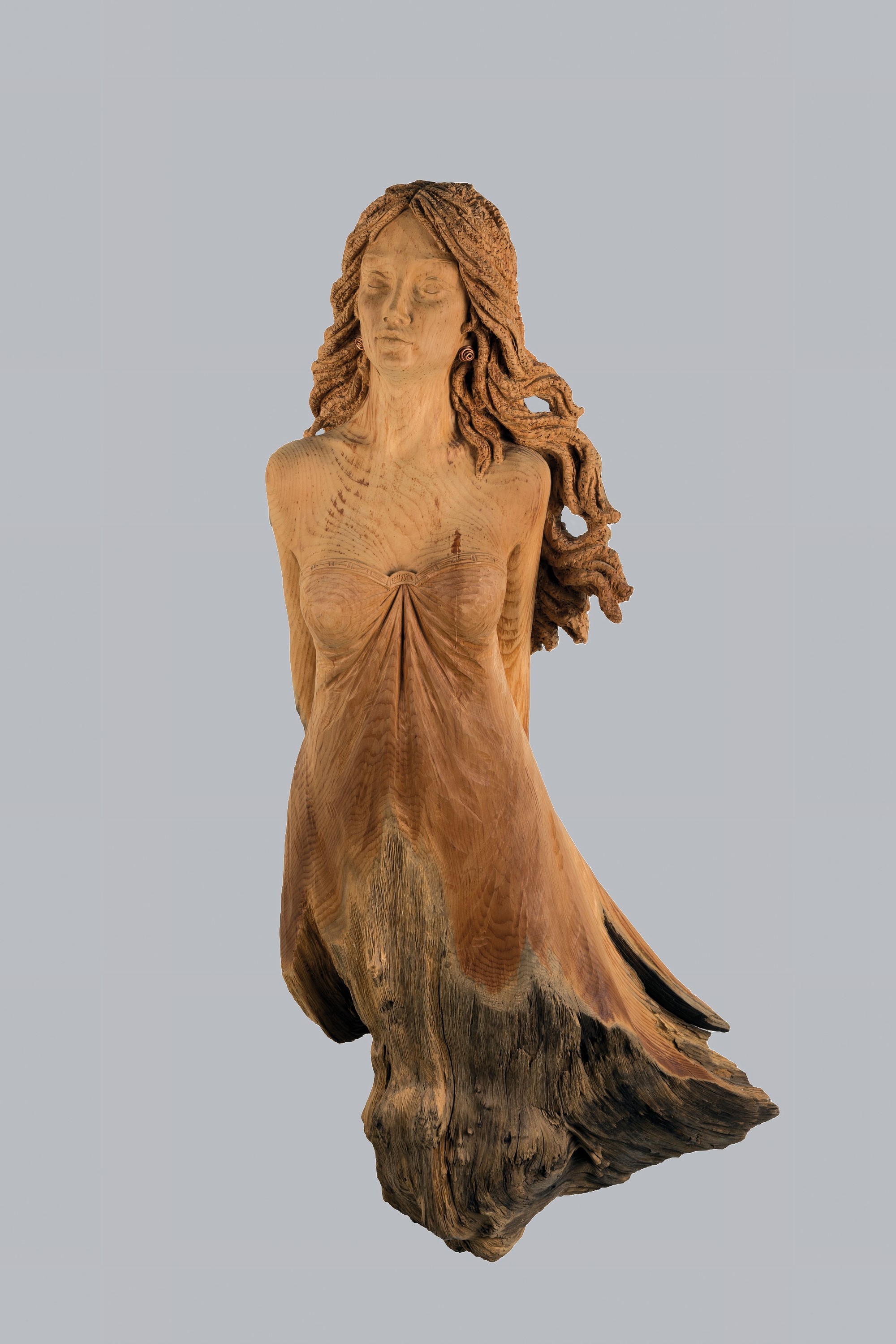 Holzschnitzerei von Oswald Demetz, Deur/Grödnertal, Donna moderna, Zirbelkiefer, Halbfigur einer jungen Frau in der Art einerGallionsfigur, H. ca. ...