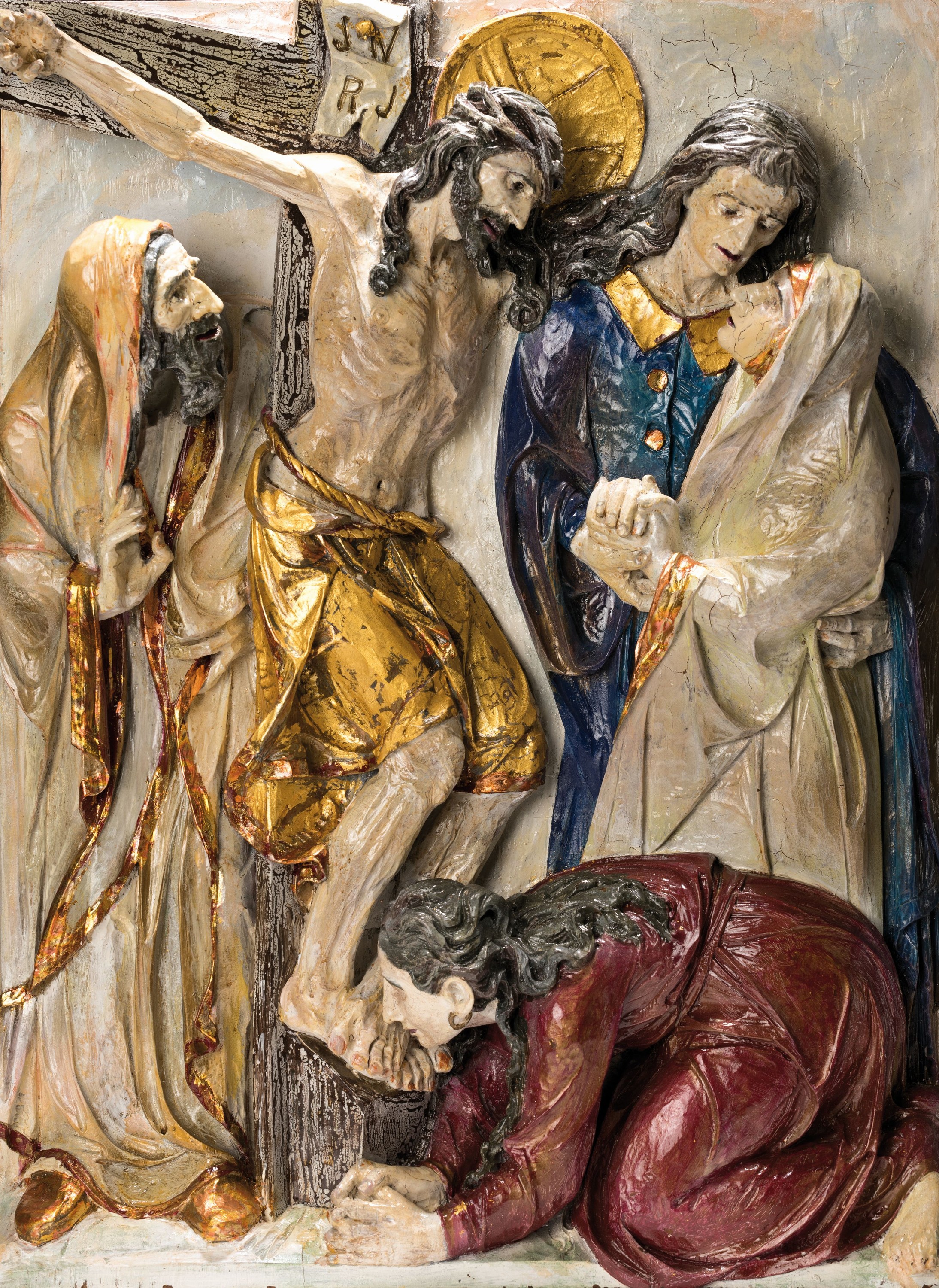 Detail a: Bildschnitzerei, süddeutsch oder Südtirol, nach altem Vorbild, Kreuzigungsszene, Holz geschnitzt und polychrom und goldfarben gefaßt, ca. 69x52cm