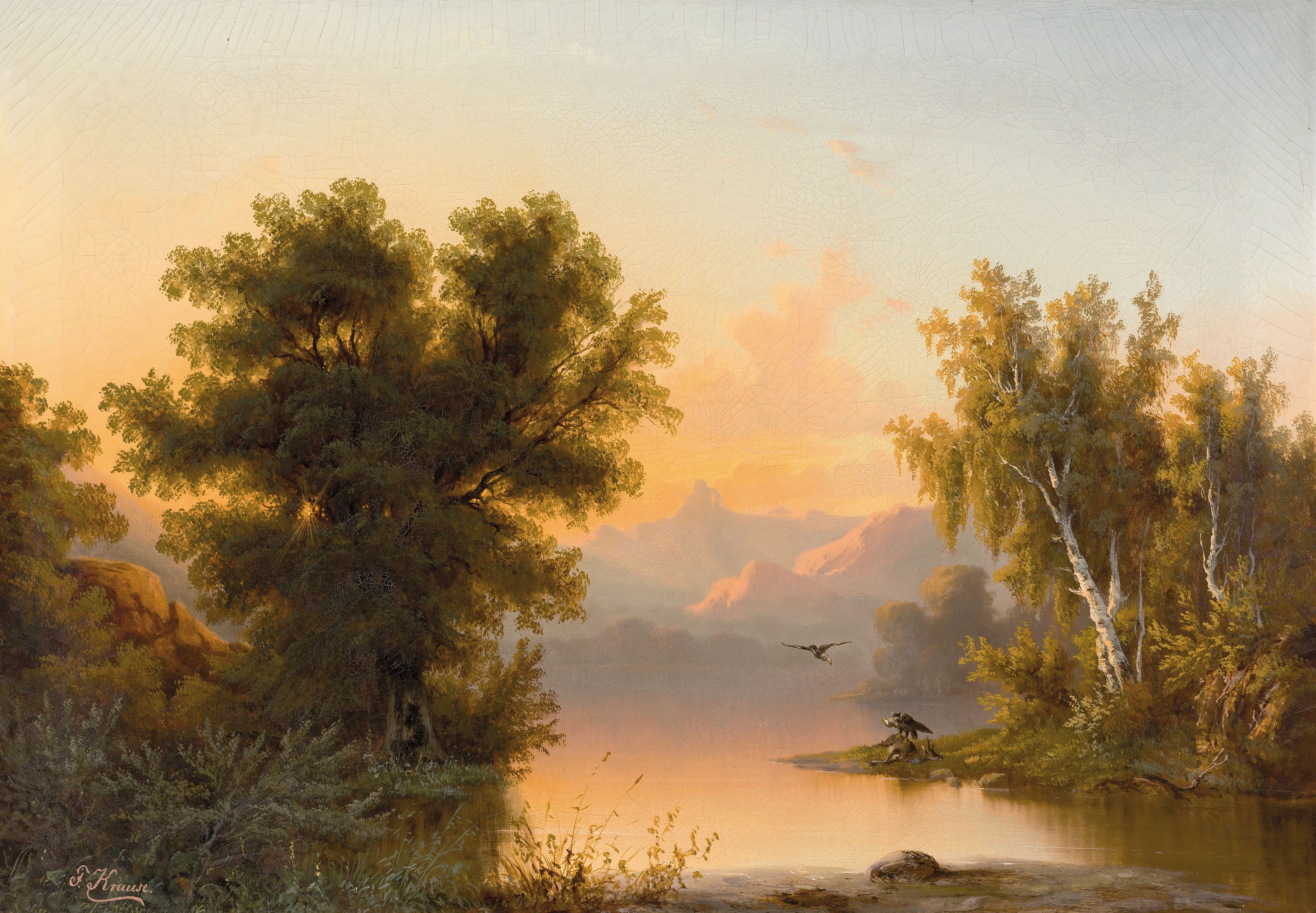 Franz Emil Krause, 1836 Niederschönhausen-1900 Conway/Wales, große Seenlandschaft im Abendrot, zwei Geier an einem toten Hirsch, links unten ...