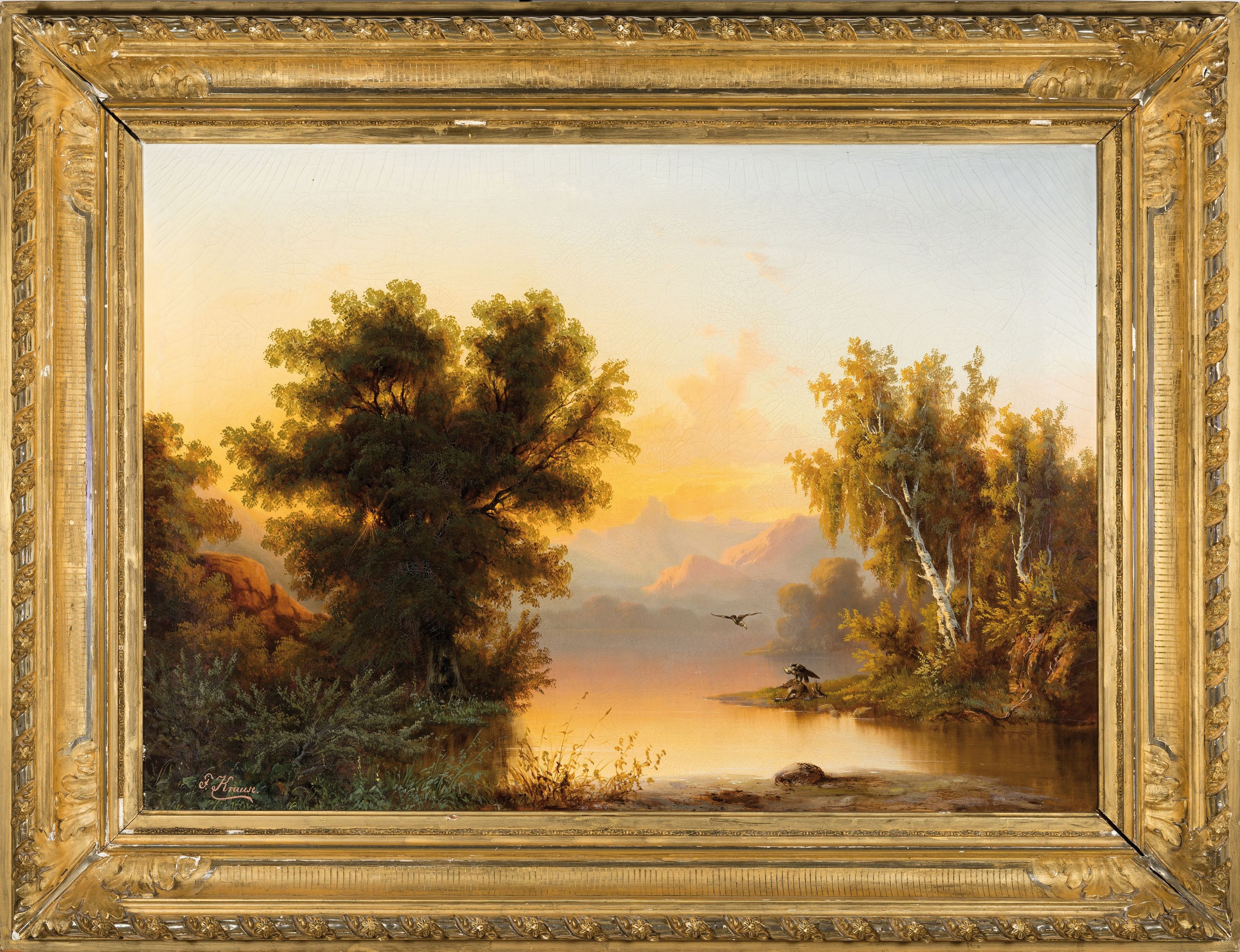Detail k: Franz Emil Krause, 1836 Niederschönhausen-1900 Conway/Wales, große Seenlandschaft im Abendrot, zwei Geier an einem toten Hirsch, links unten ...