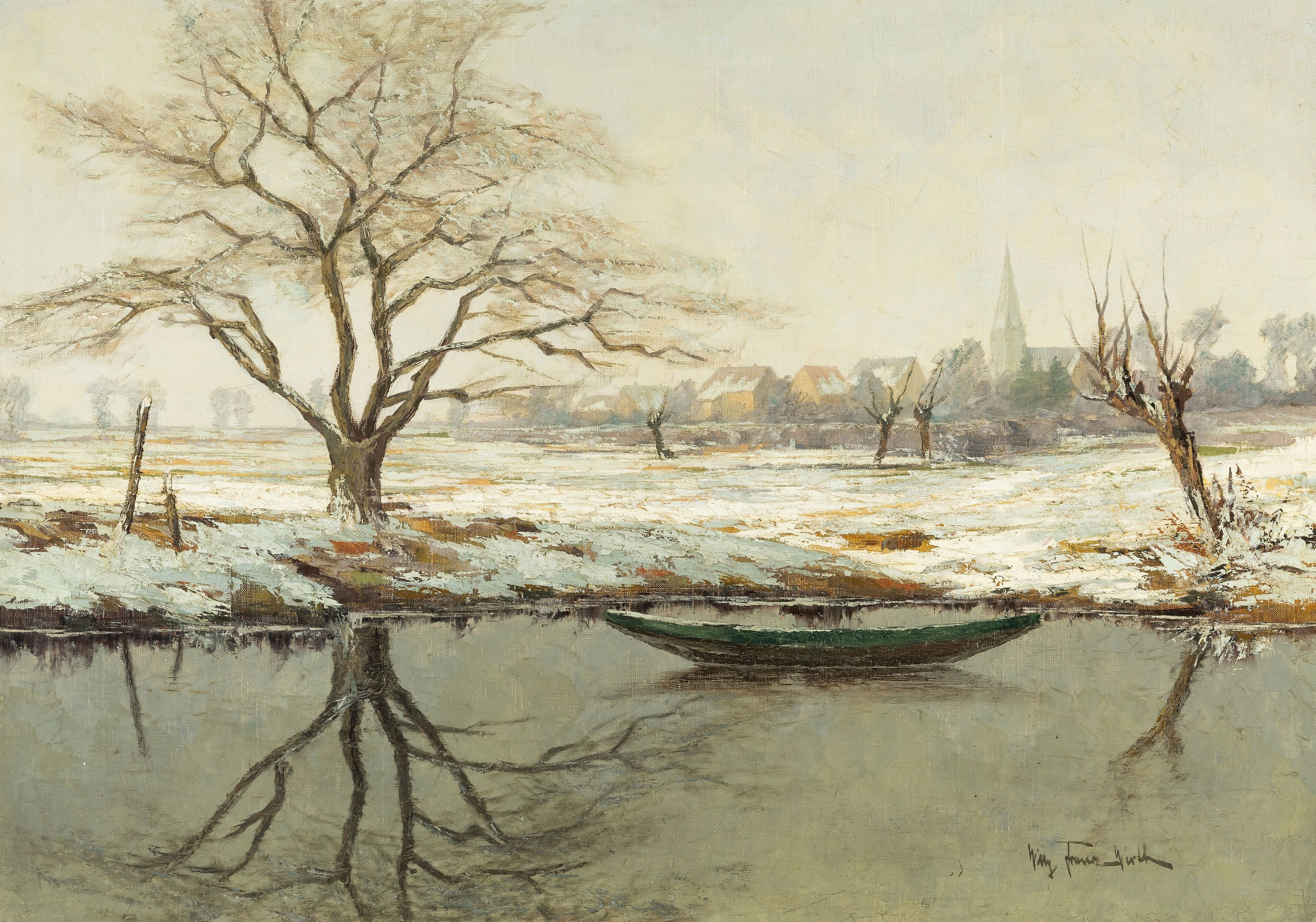 Willi Franz Wirth, 1895 Lüdenscheid-1957, niederrheinische Winterlandschaft, rechts unten signiert, Öl/Lwd, 72x100 cm, Rahmen 100x128 cm; Wirth war ...