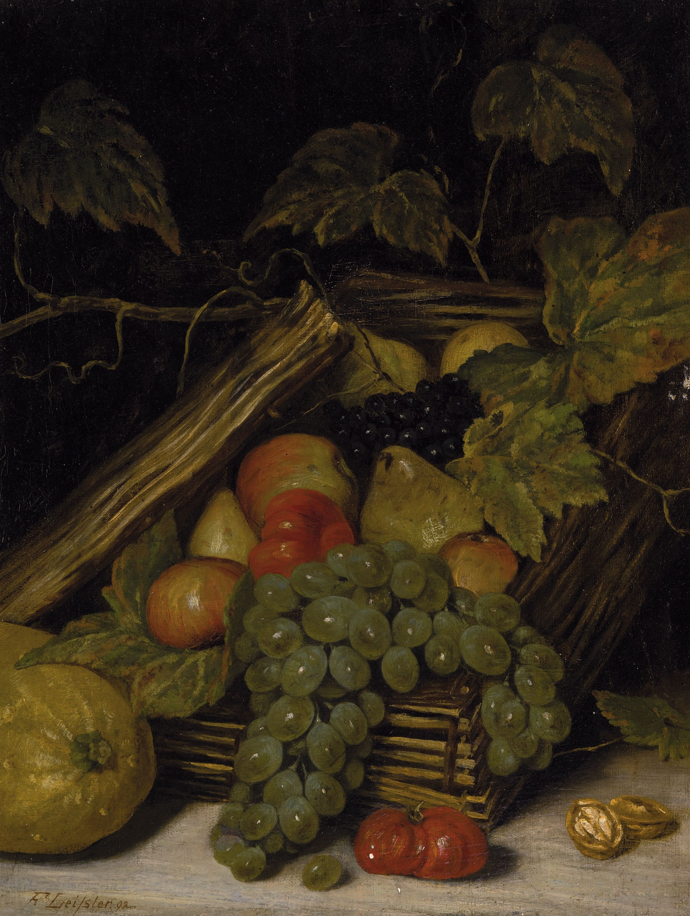 Friedrich Leißler, 1862 Traisa-1926 Darmstadt, Früchtestillleben, Öl/Lwd, links unten signiert und dat. 92, ca. 50x40cm, R. ca. 58x48cm