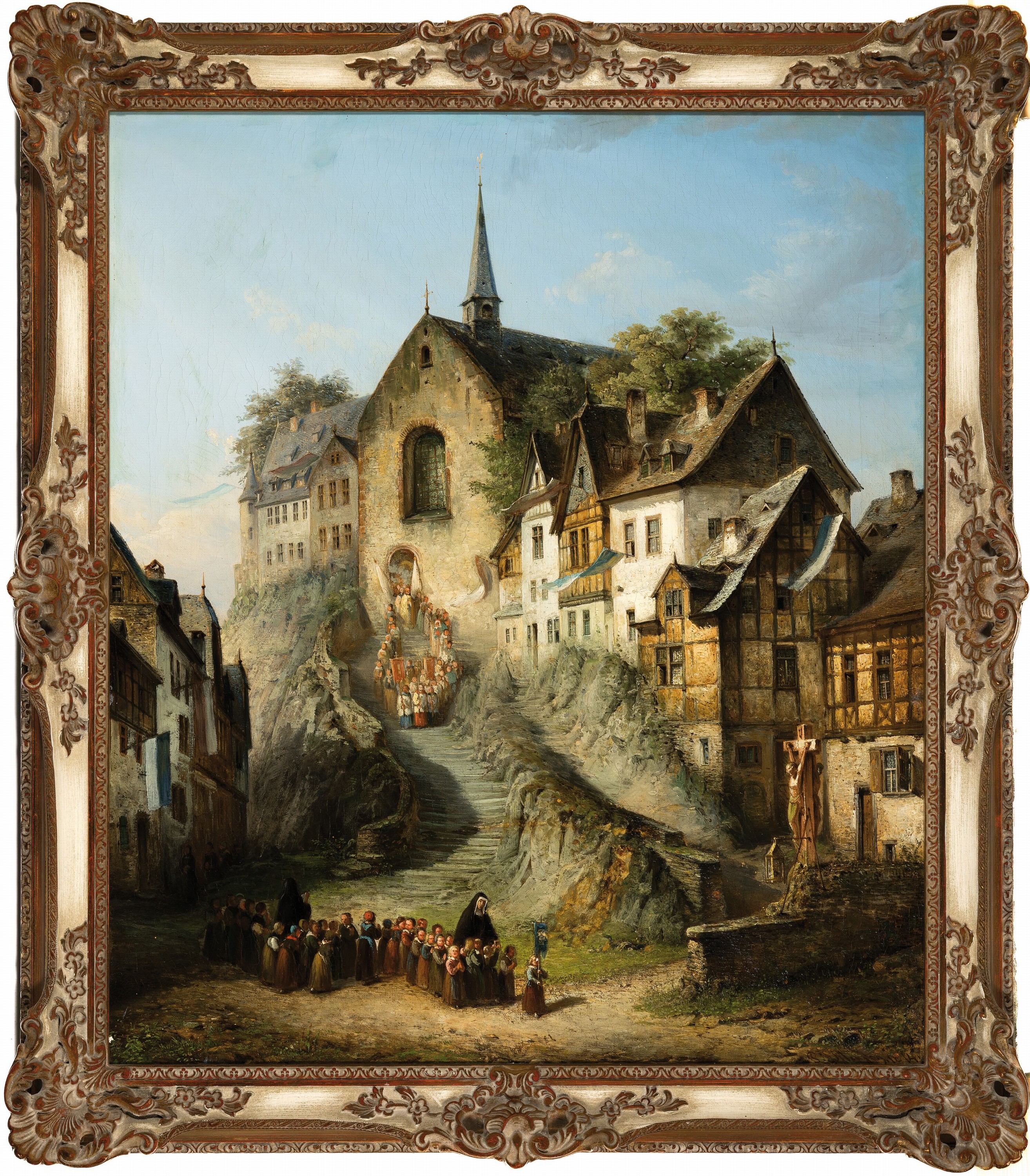 Detail k: Peter Joseph Minjon, 1818-1898 Düsseldorf, Prozession und Kirchgang, Öl/Lwd, rest., rechts unten signiert, ca. 80x68cm, R. ca. 92x80cm