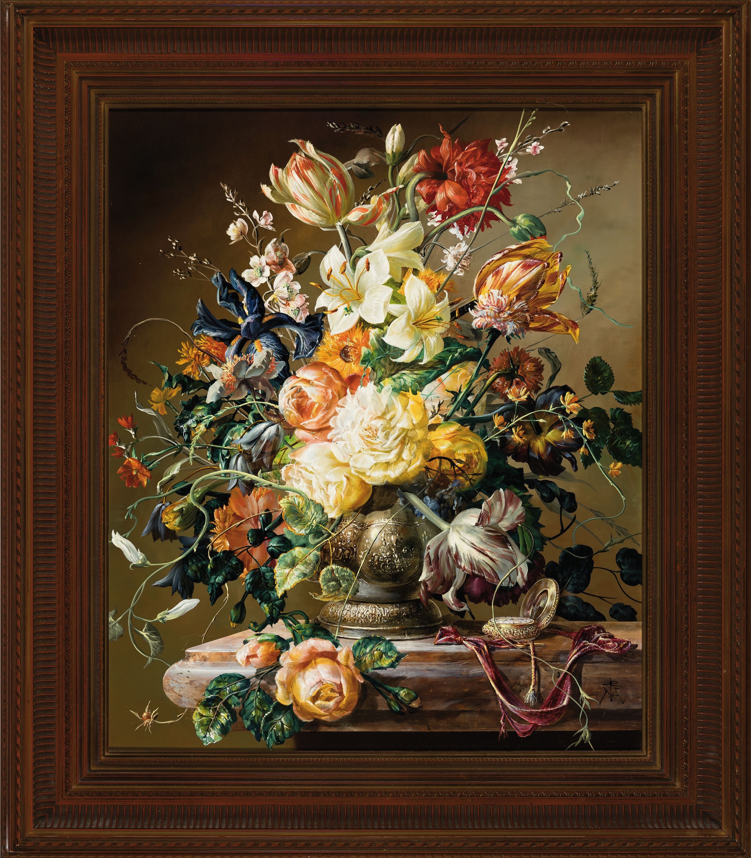 Detail k: Gyula Siska, geb. 1958 Ungarn, Traditionalist, üppiges Blumenstillleben im Stil der alten Meister, Öl/Holz, rechts unten monogrammiert, ca. ...