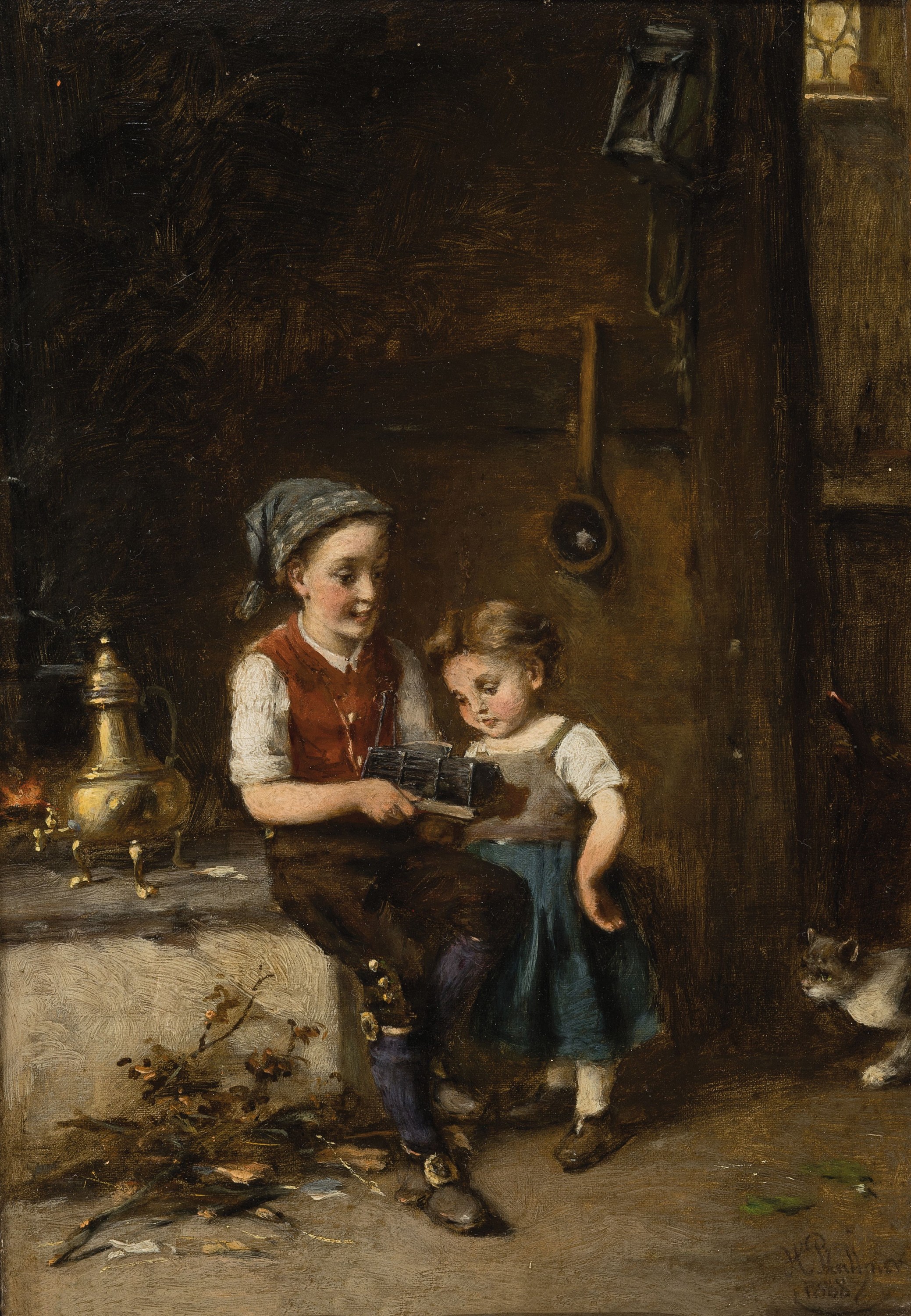Hermann Plathner, 1831 Gronau-1902 Düsseldorf , "Die Mausefalle", Interieur mit zwei Kindern eine gefangene Maus betrachtend, rechts unten ...