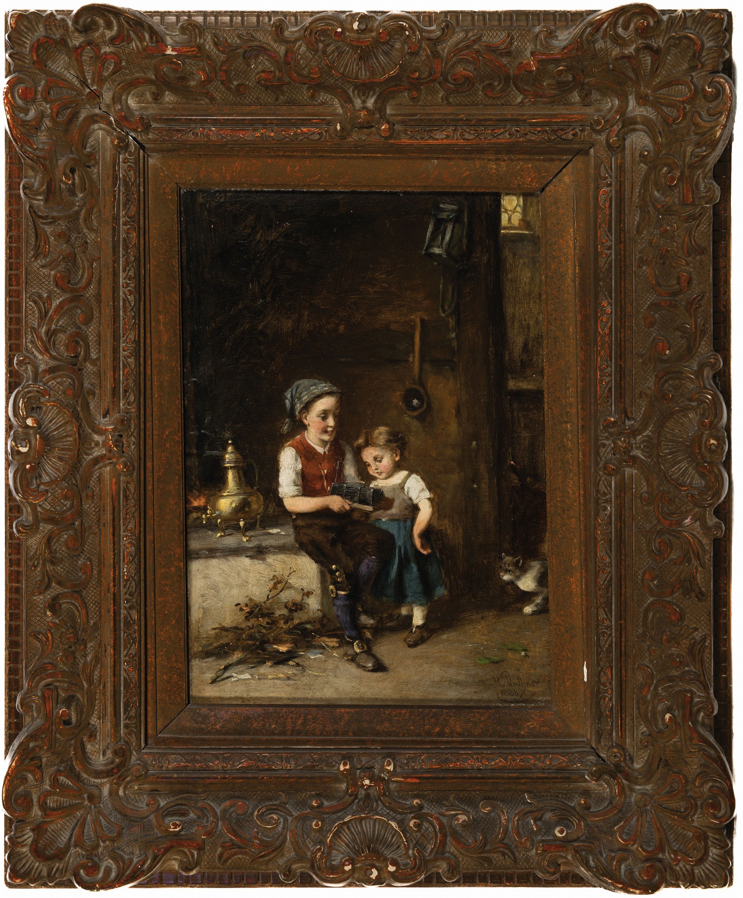 Detail k: Hermann Plathner, 1831 Gronau-1902 Düsseldorf , "Die Mausefalle", Interieur mit zwei Kindern eine gefangene Maus betrachtend, rechts unten ...