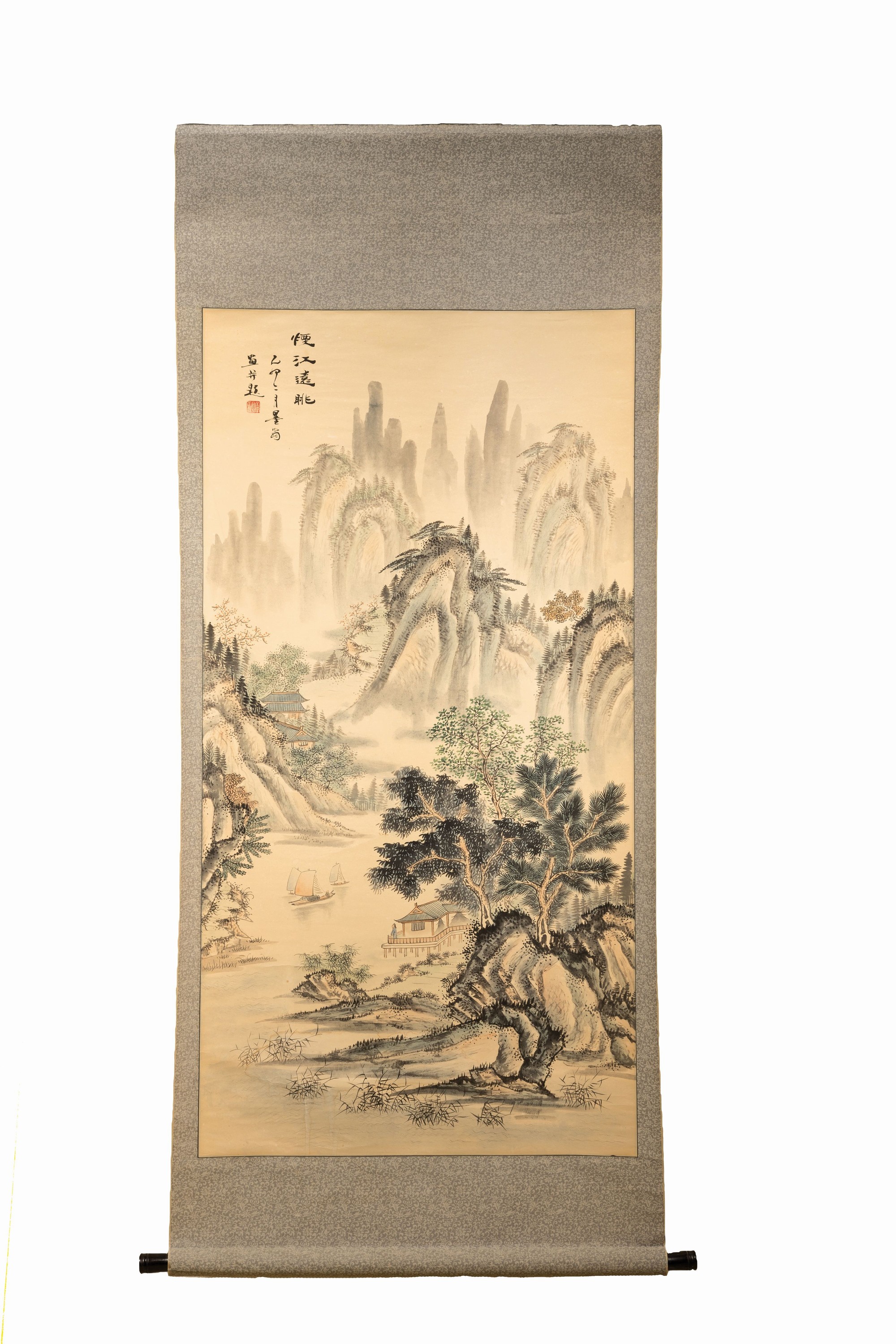 Rollbild und zwei Aquarelle, China, 20. Jh., Landschaftsdarstellungen aus den gelben Bergen, signiert und bezeichnet, Signaturstempel, 61 x 31.5 cm ...