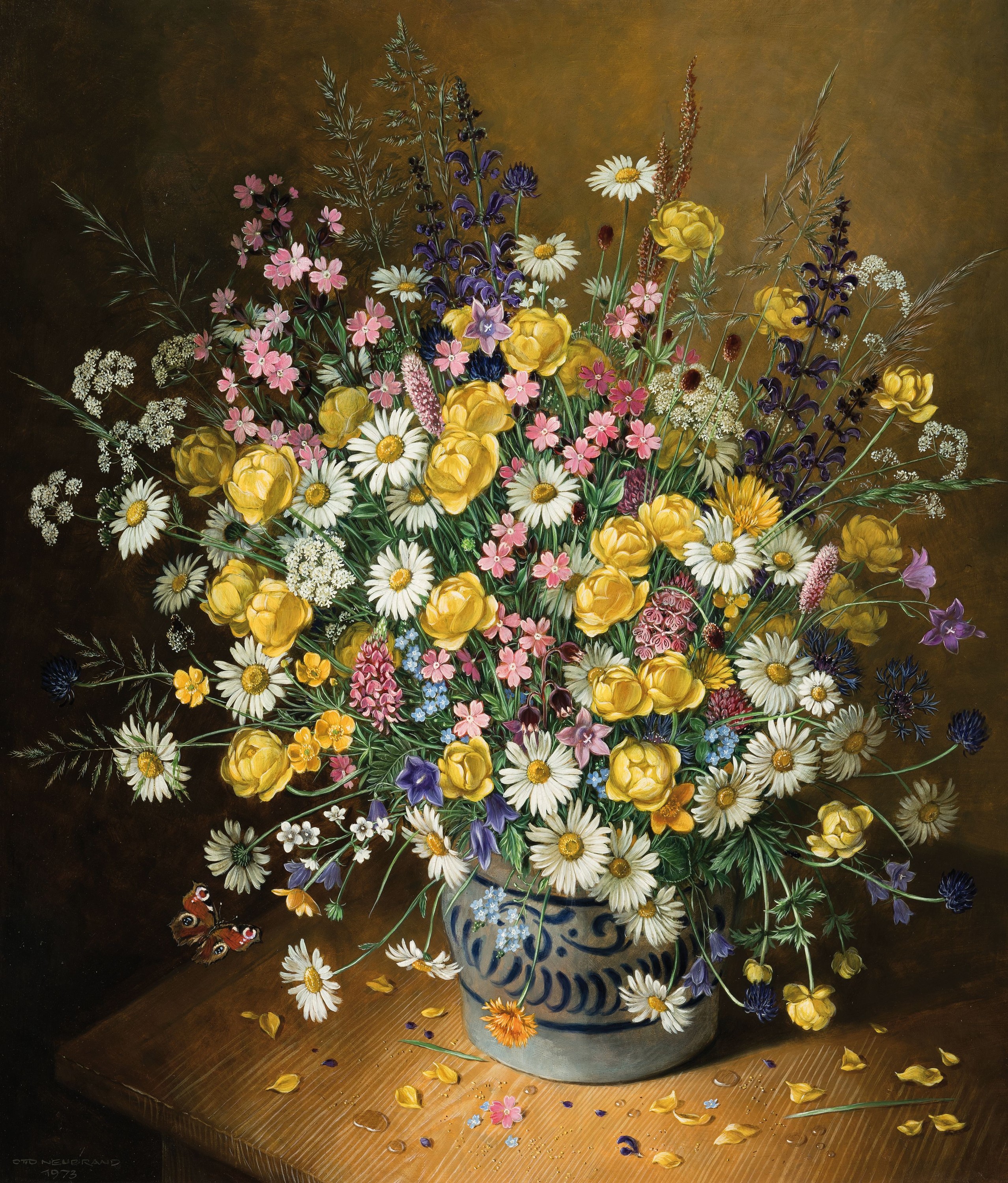 Otto Neubrand, 1911 Herbrechtingen-1975 Königsbronn, großer Wiesenblumenstrauss mit Schmetterling, Öl/Platte, links unten signiert und datiert ...