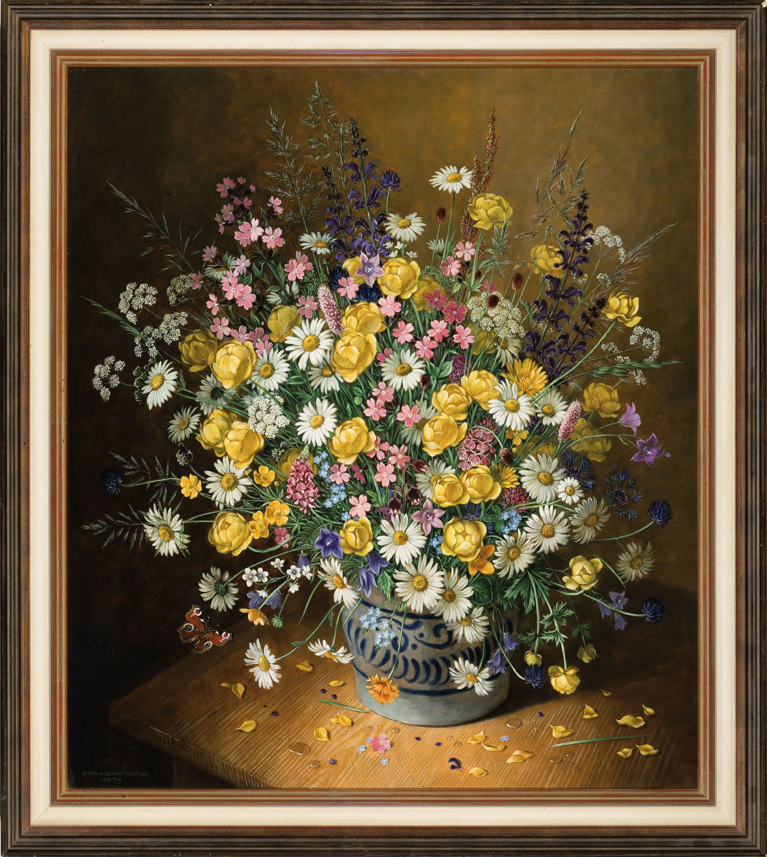 Detail k: Otto Neubrand, 1911 Herbrechtingen-1975 Königsbronn, großer Wiesenblumenstrauss mit Schmetterling, Öl/Platte, links unten signiert und datiert ...