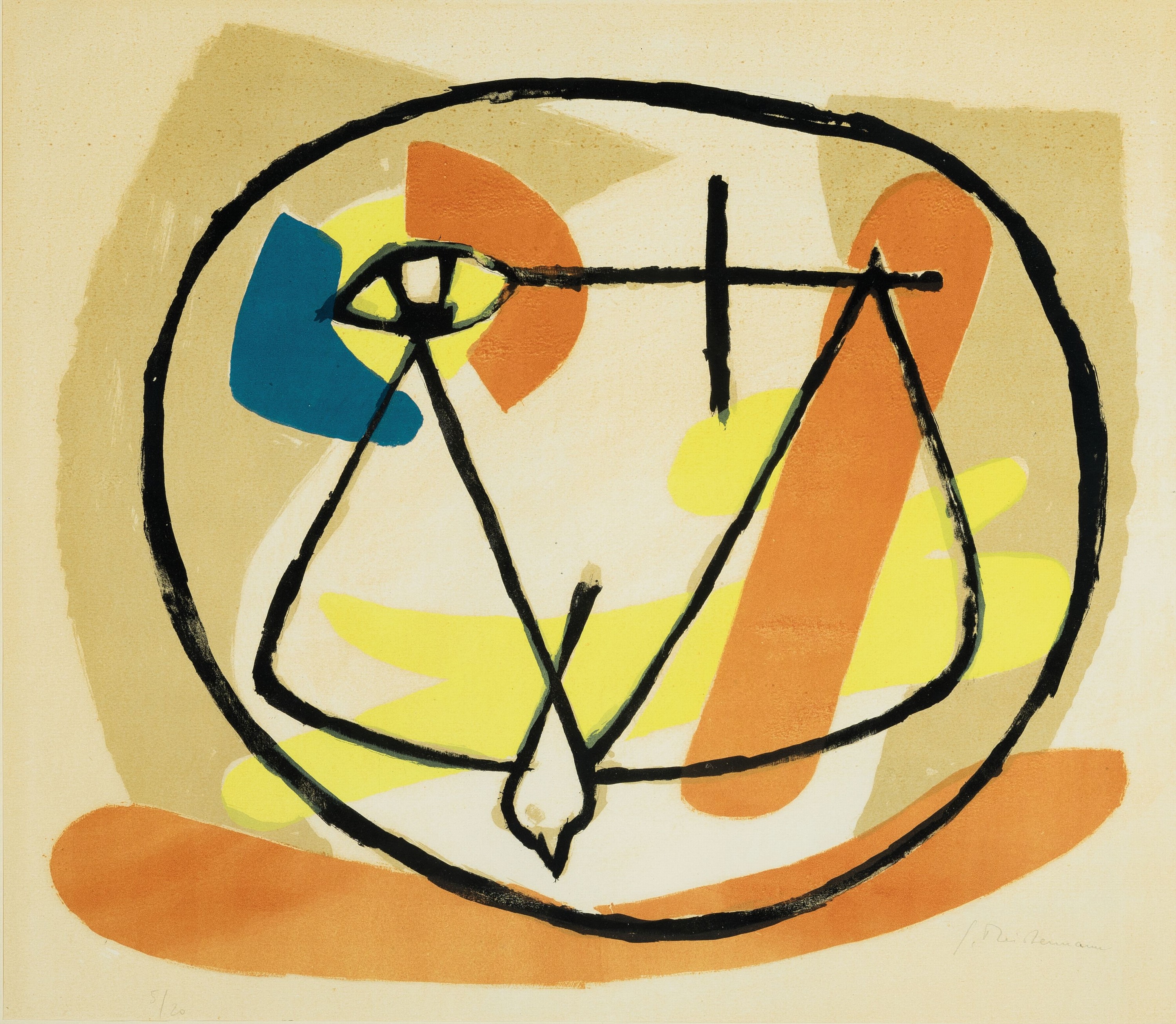 Georg Meistermann, 1911 Solingen-1990 Köln, Farblithographie, "feuertaube", 1951, Ed. 5/20, gebräunt, unter Glas gerahmt, 68x77 cm