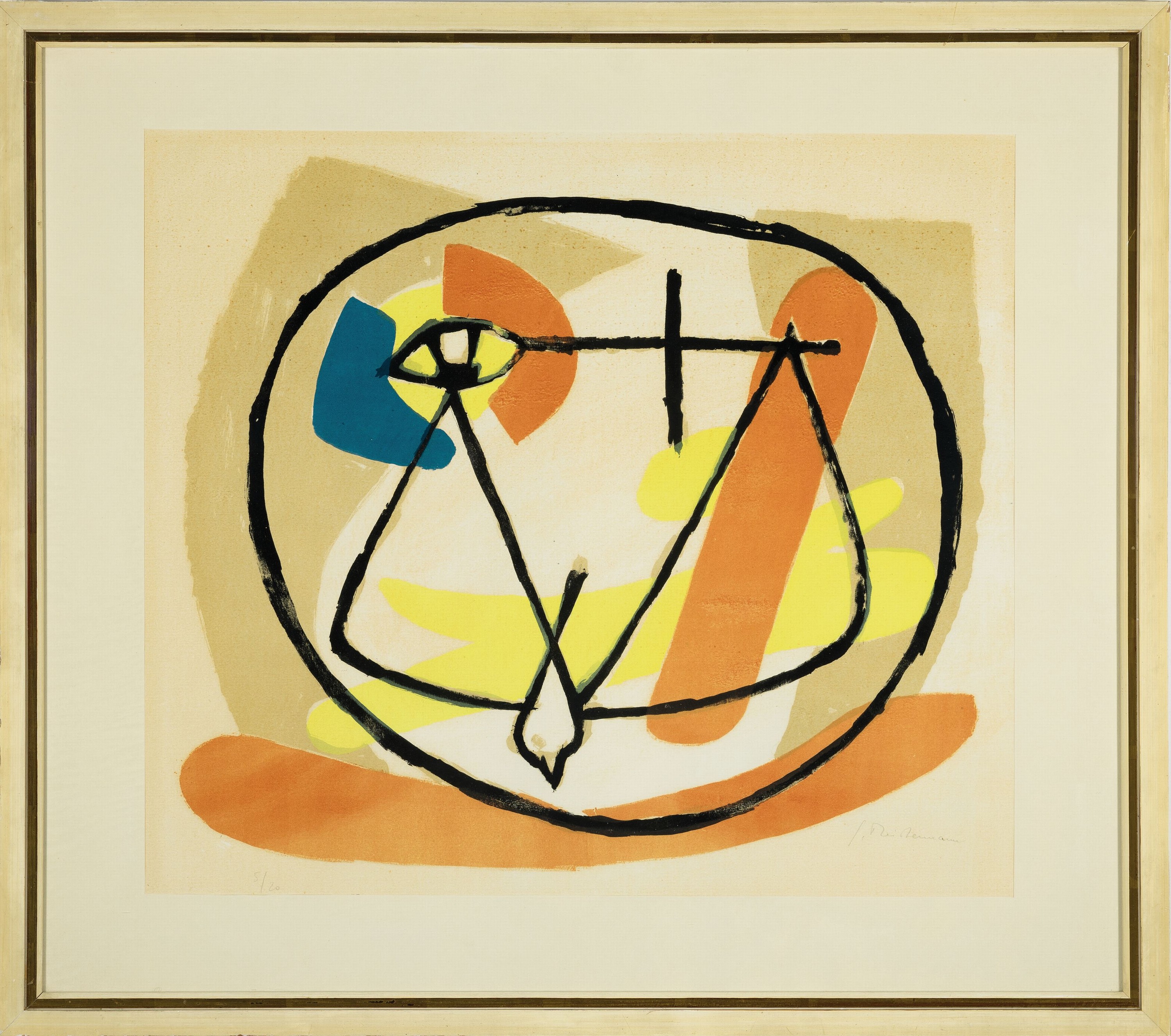 Detail k: Georg Meistermann, 1911 Solingen-1990 Köln, Farblithographie, "feuertaube", 1951, Ed. 5/20, gebräunt, unter Glas gerahmt, 68x77 cm