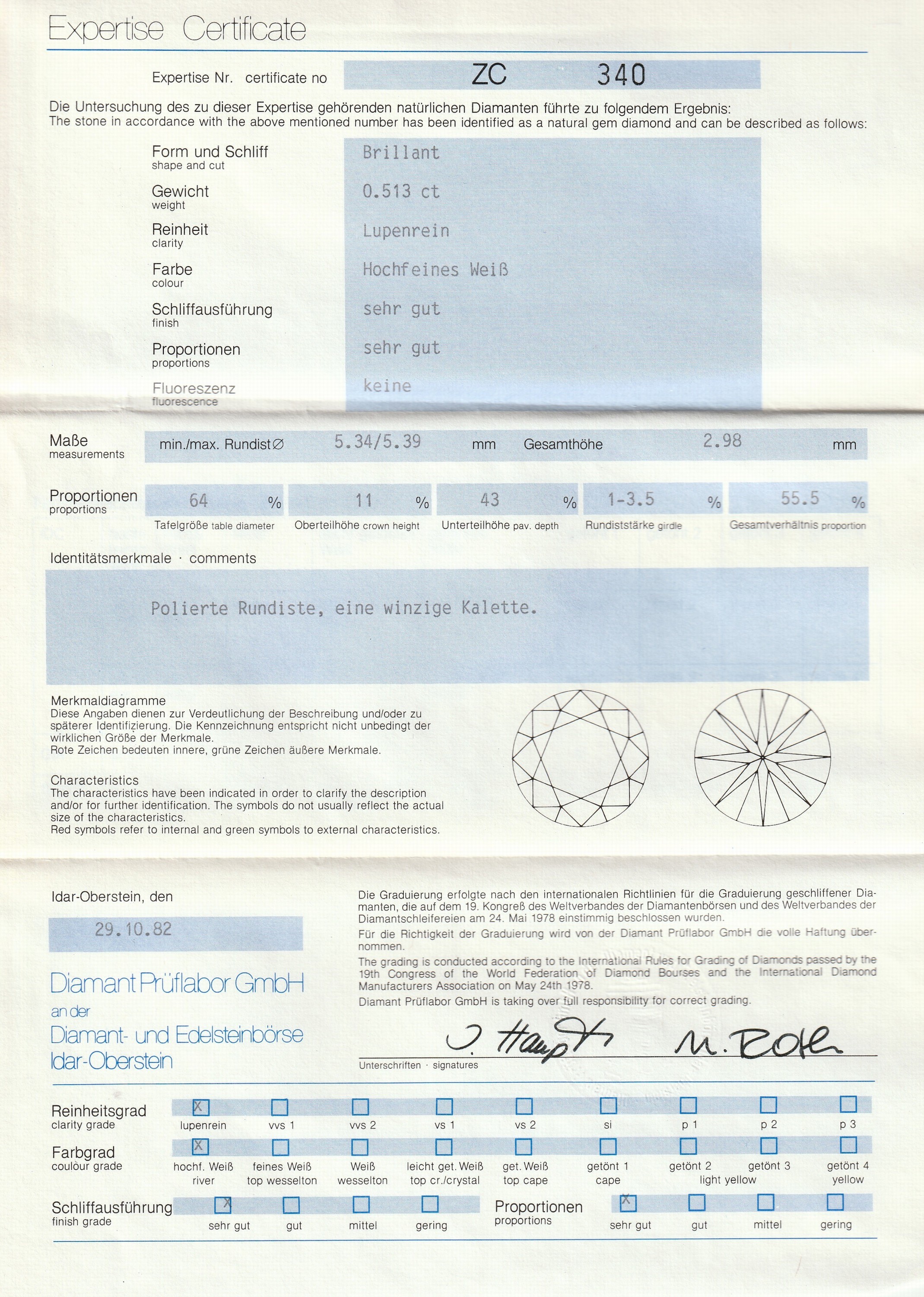 Detail b: Loser Brillant, 0.513 ct hochfeines Weiß/lr, Schliff sehr gut, Proportionen sehr gut, Floureszenz keine, Expertise Diamant Prüflabor ...