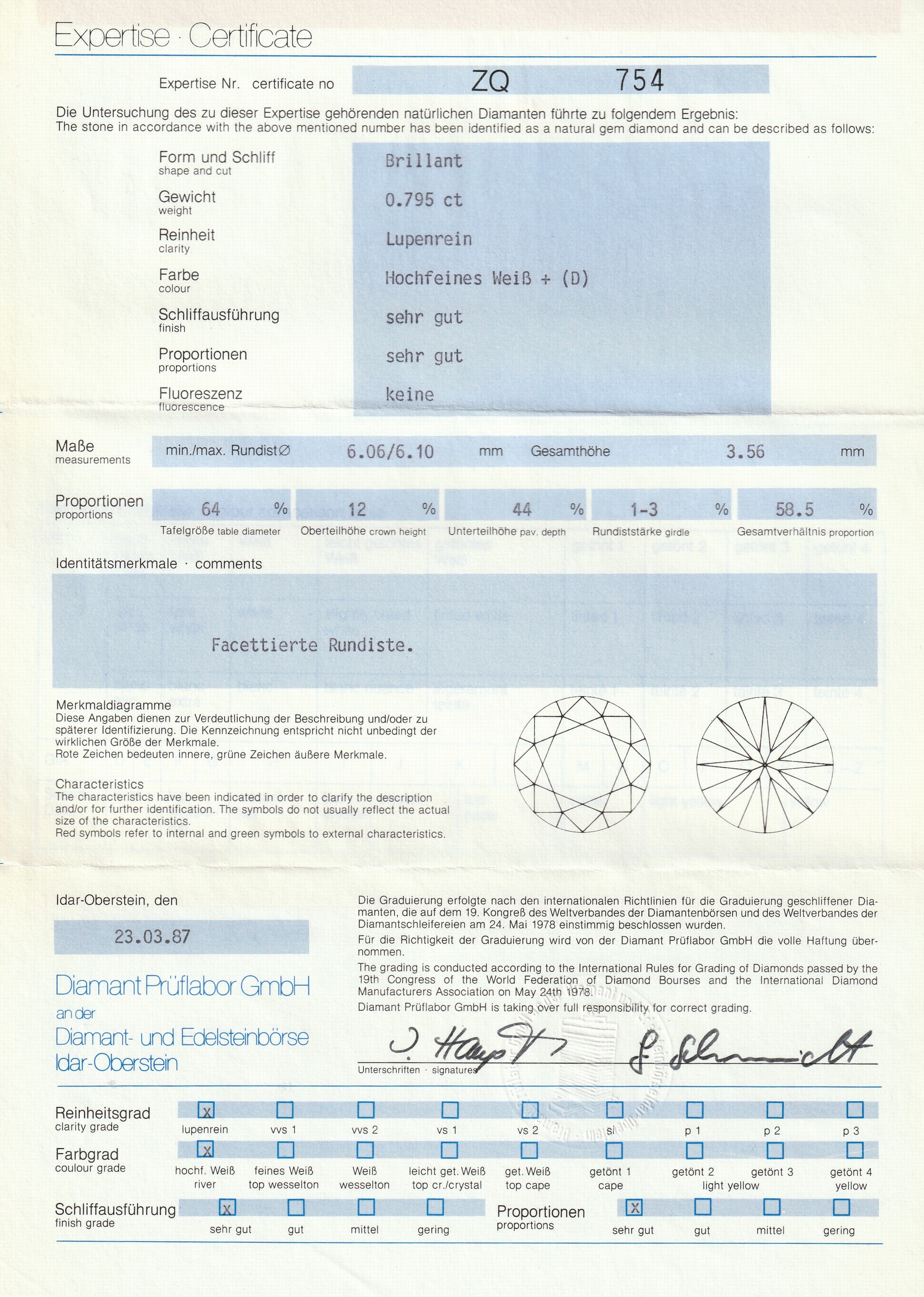 Detail a: Loser Brillant, ca. 0.795 ct, hochfeines Weiß+(D)/lr, Schliff sehr gut, Proportionen sehr gut, Floureszenz keine, Expertise DiamantPrüflabor ...