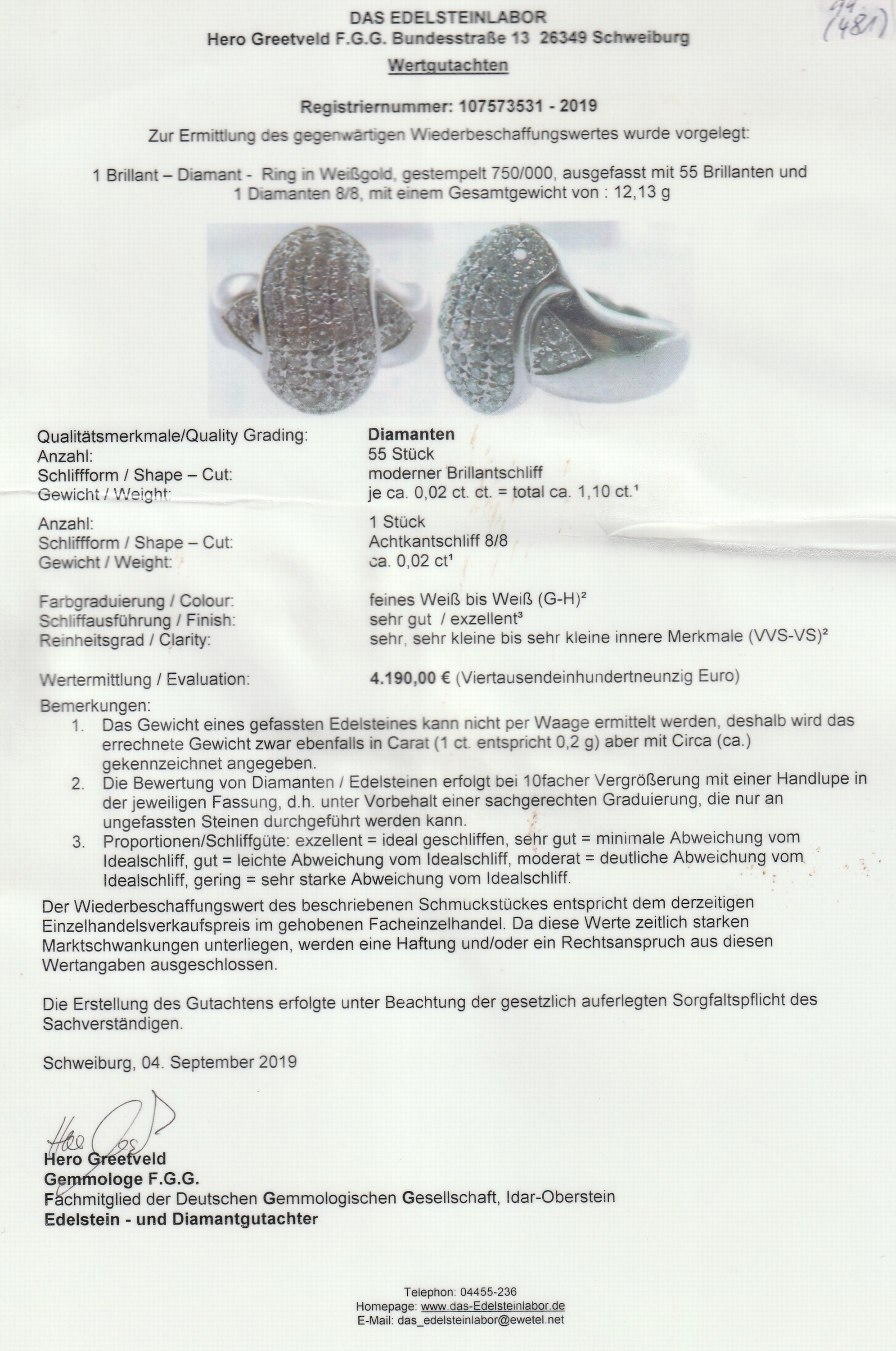 Detail a: 18 kt Gold Diamant-Ring, WG 750/000, qualitätvolle Verarbeitung, 55 Brillanten und 1 8/8-Diamant (sek.) zus. ca. 1.12 ct feines Weiß-Weiß/vvs-vs, ...