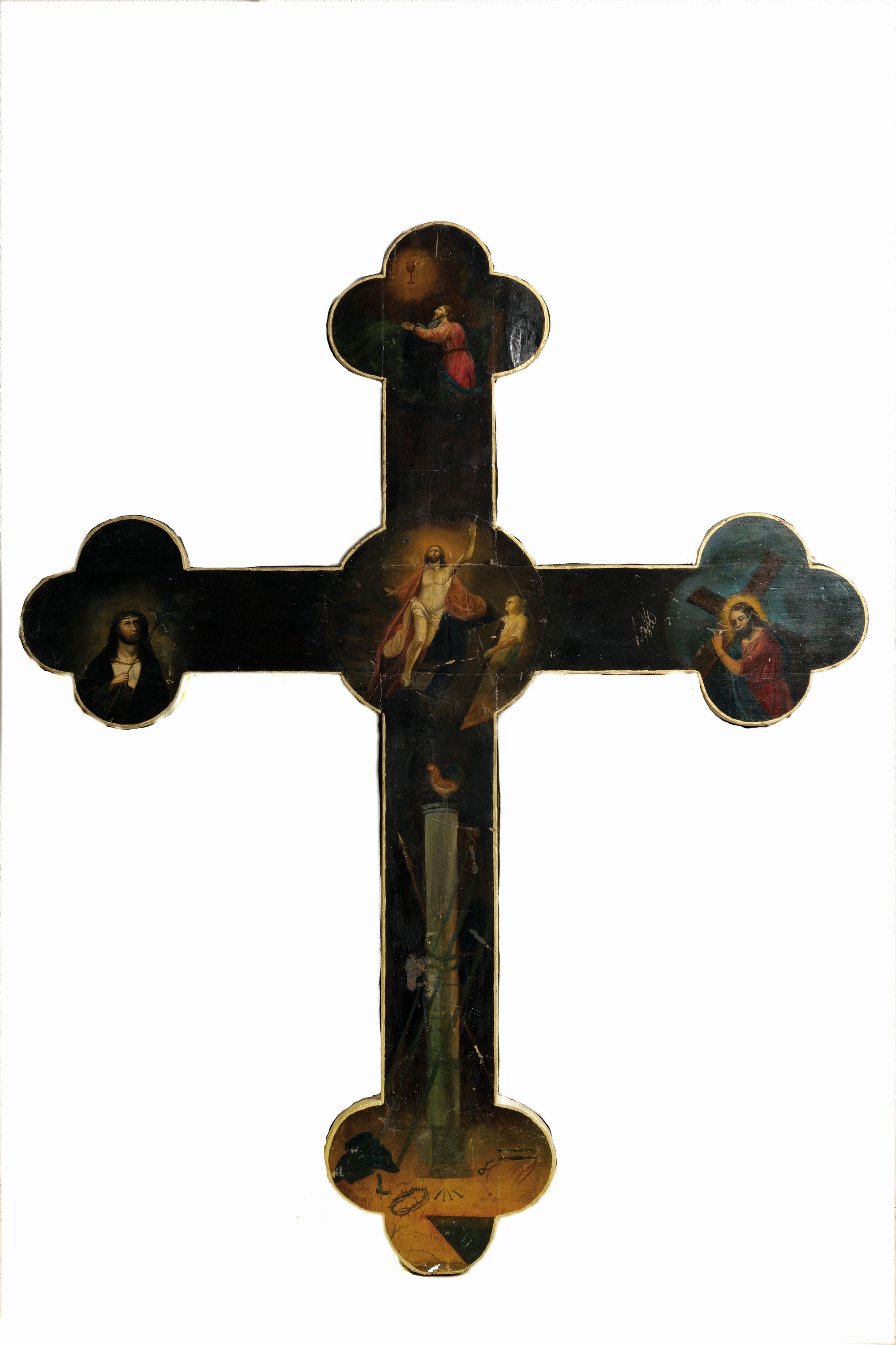 Detail a: Großes Vortrage- bzw. Prozessionskreuz, um 1880-90, Holz, beidseitig bemalt mit dem gekreuzigten Christus und der Auferstehung, orderseite mit ...