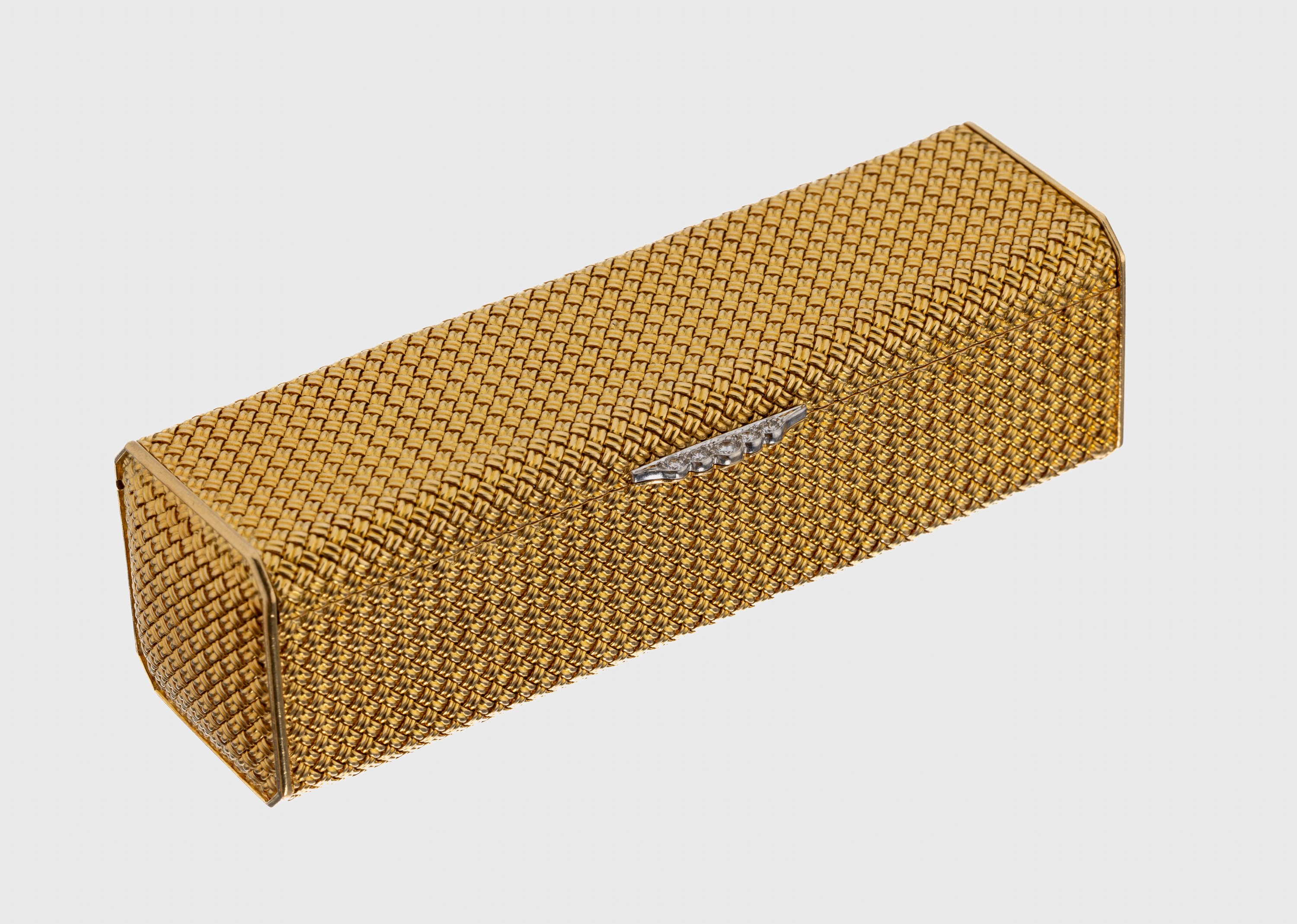 Vintage 18 kt Gold Brillant-Lippenstiftetui, 1960er Jahre, GG/WG 750/000, qualitätvolle italienische Atelierarbeit, aufwendiges Geflecht aus ...